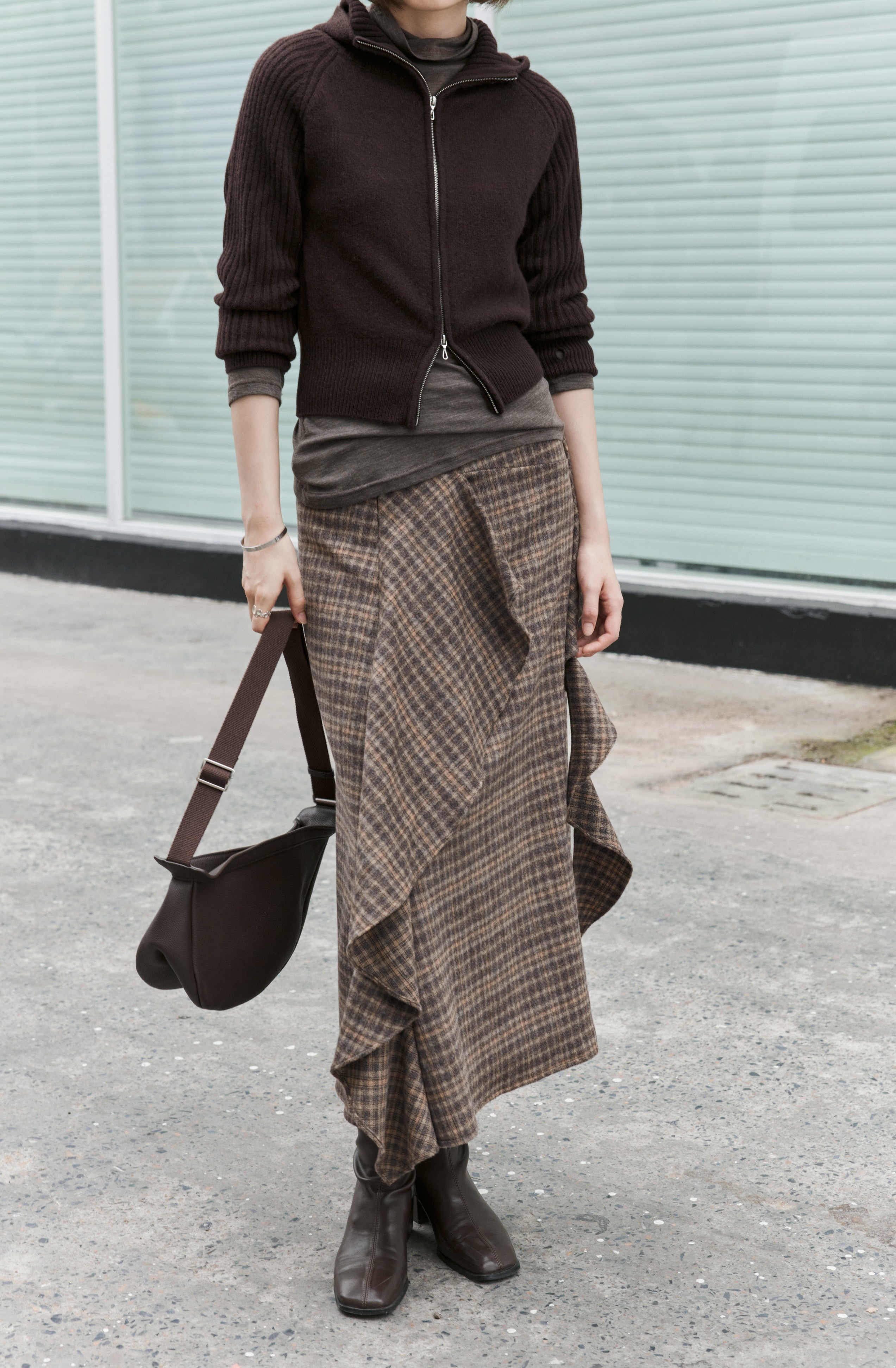 BRUSHED PLAID FRILL SKIRT / 기모 체크 프릴 스커트