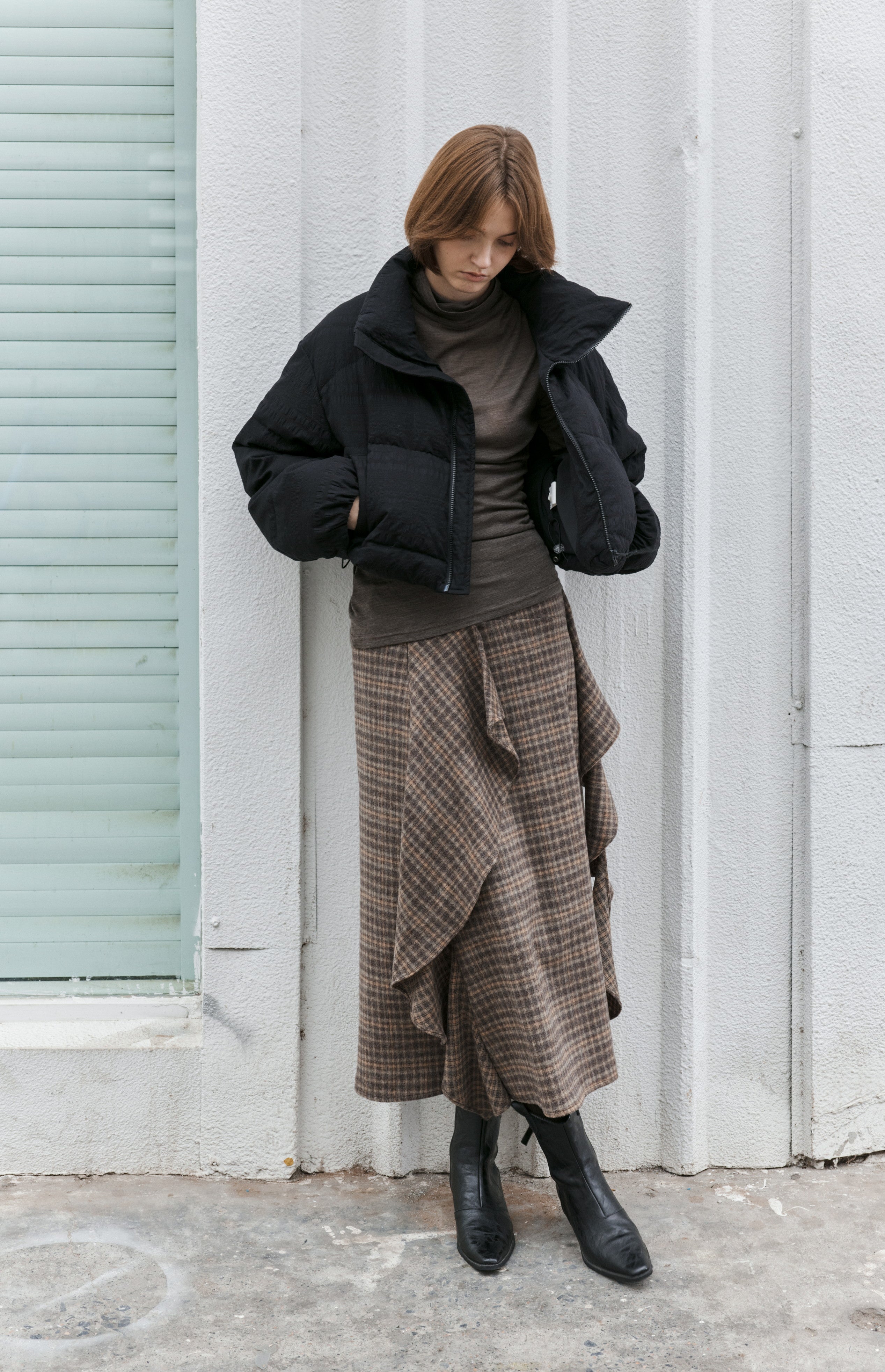 BRUSHED PLAID FRILL SKIRT / 기모 체크 프릴 스커트