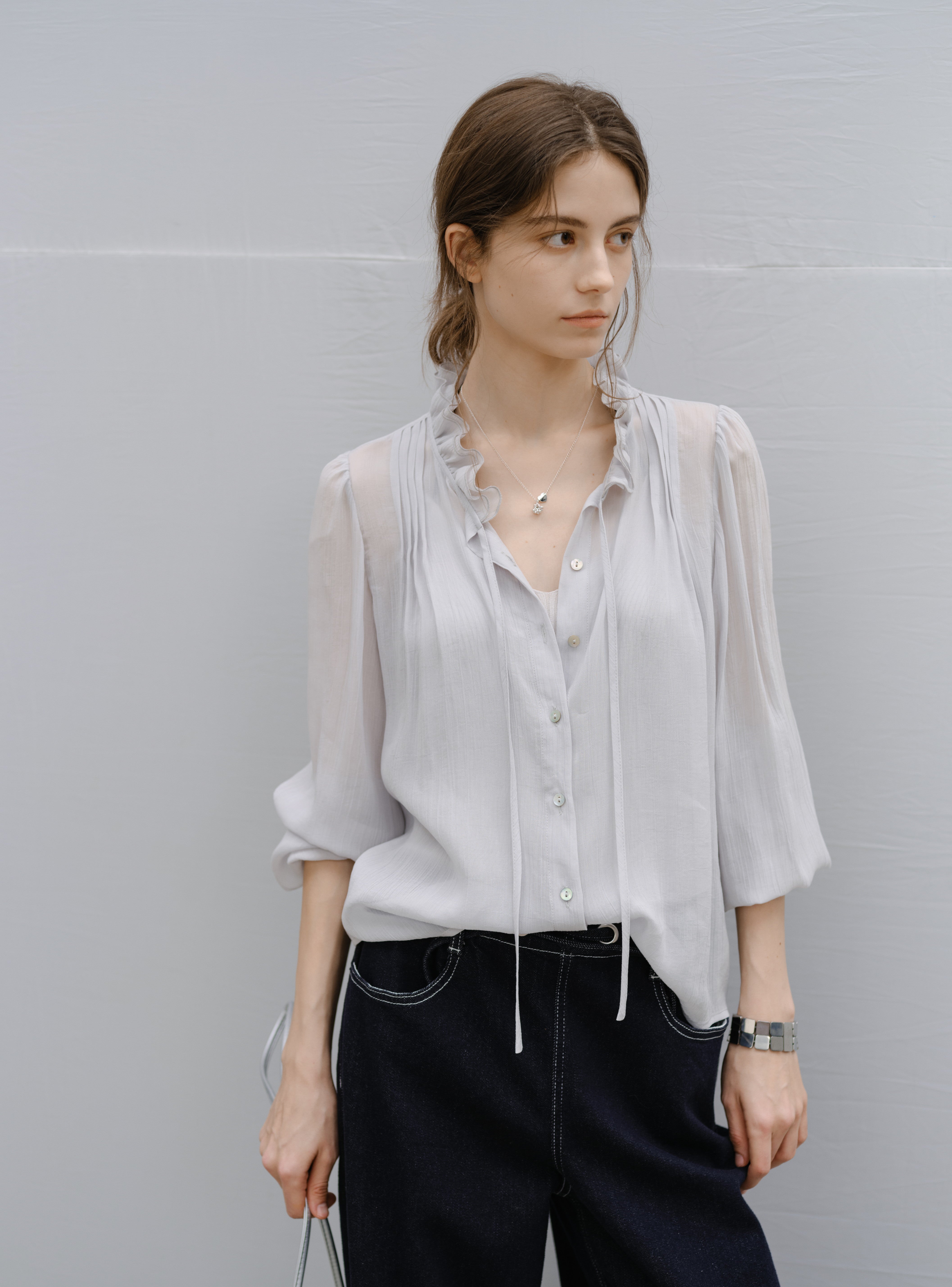 SHEER FRILL DRAPE BLOUSE / シアーフリルドレープブラウス
