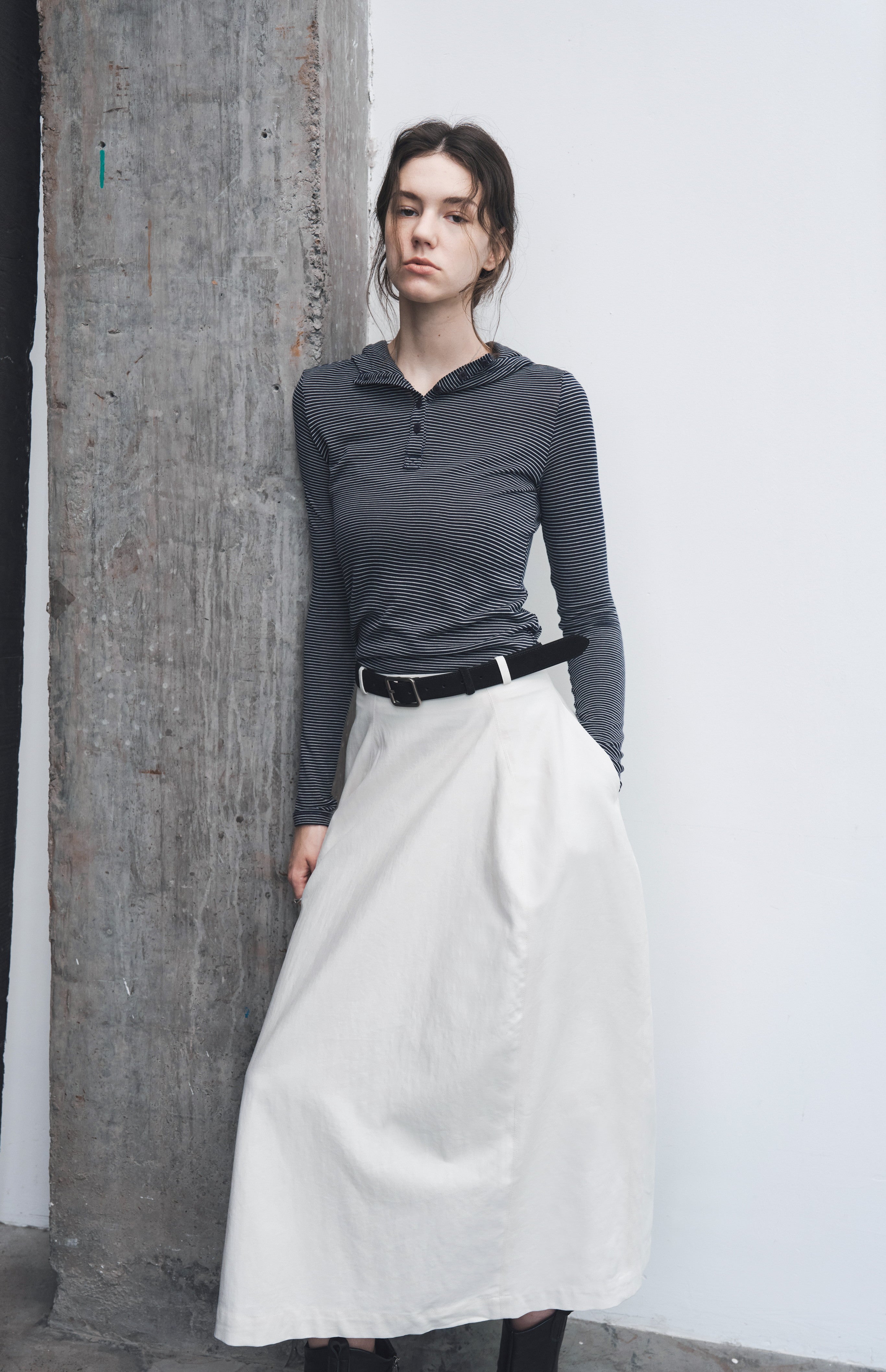 HOODED STRIPE FIT LONG T-SHIRT / フードストライプフィットロングTシャツ