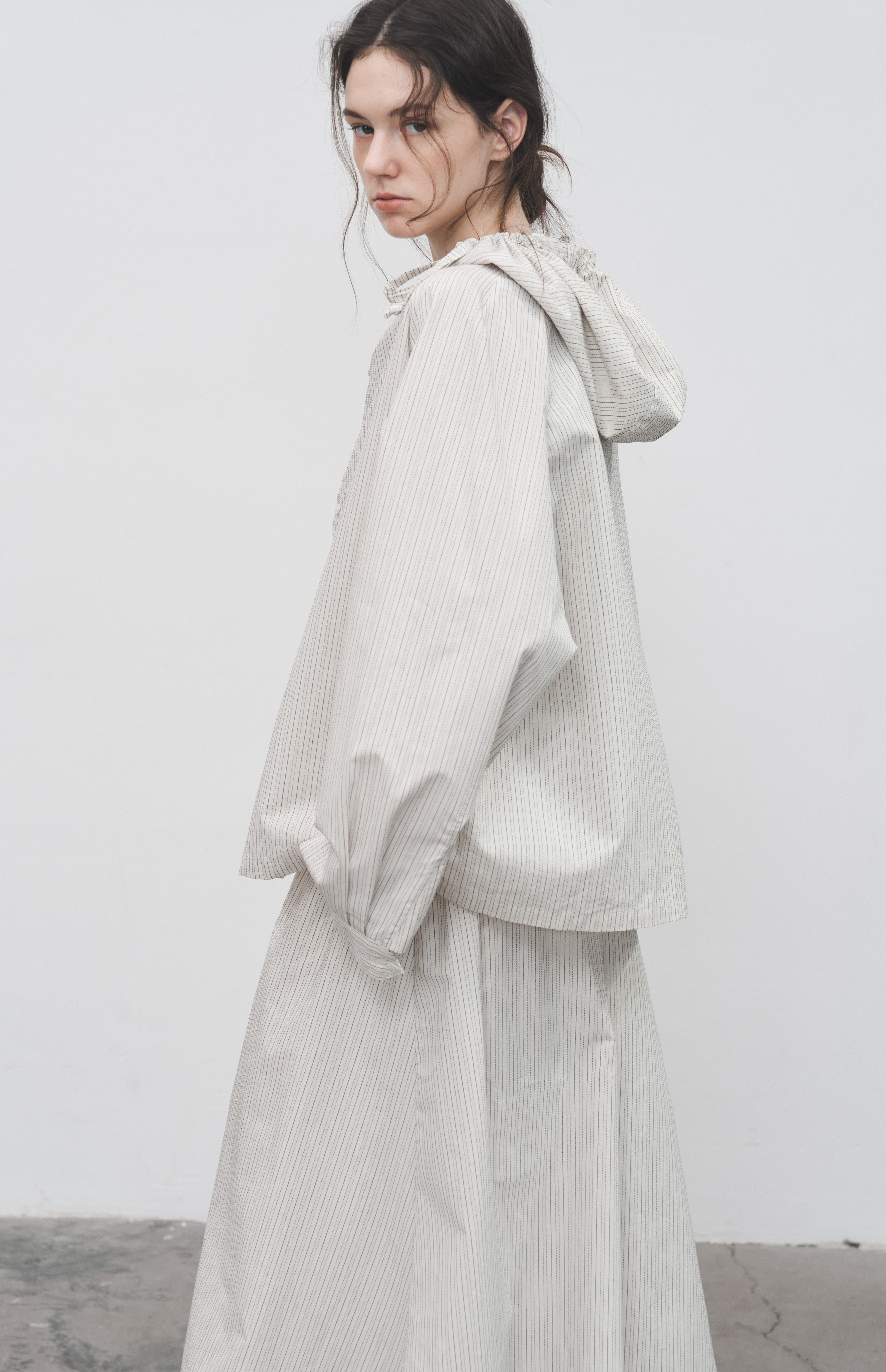HOODED STRIPE OVERSHIRT / フードストライプオーバーシャツ