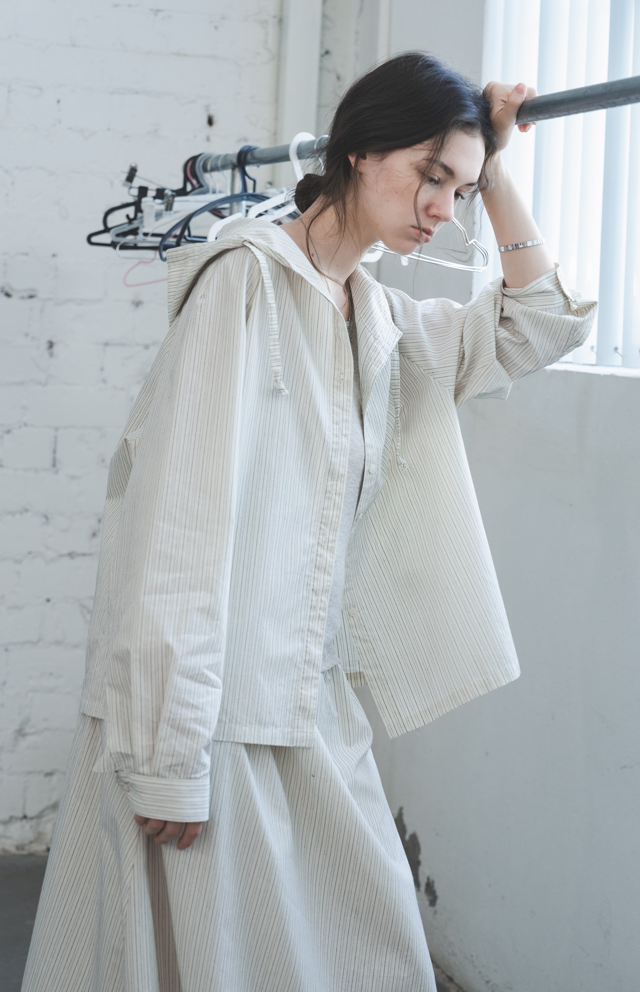 HOODED STRIPE OVERSHIRT / フードストライプオーバーシャツ