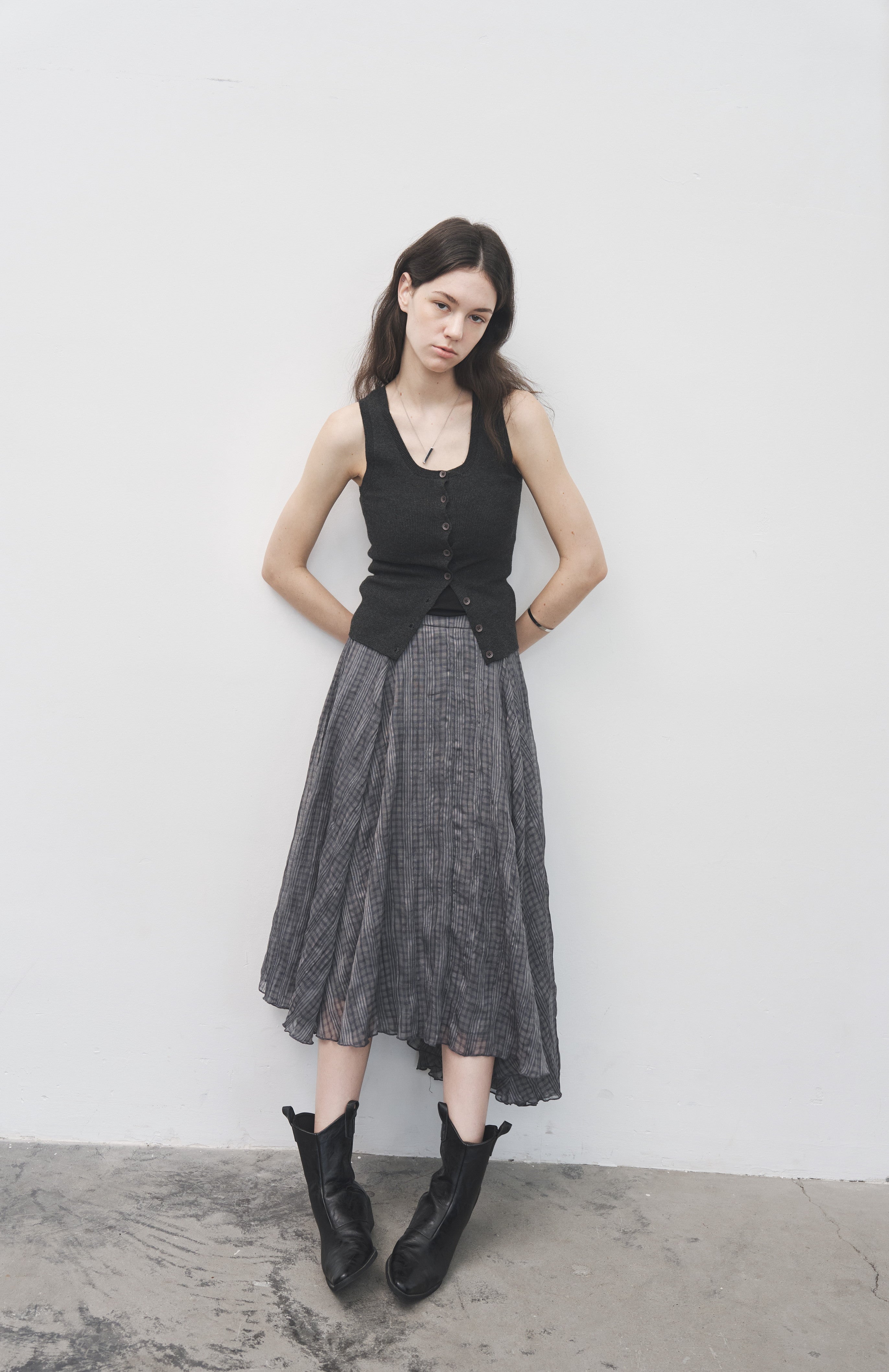 WRINKLED PLAID ASYM SKIRT / 링클 체크 아심 스커트