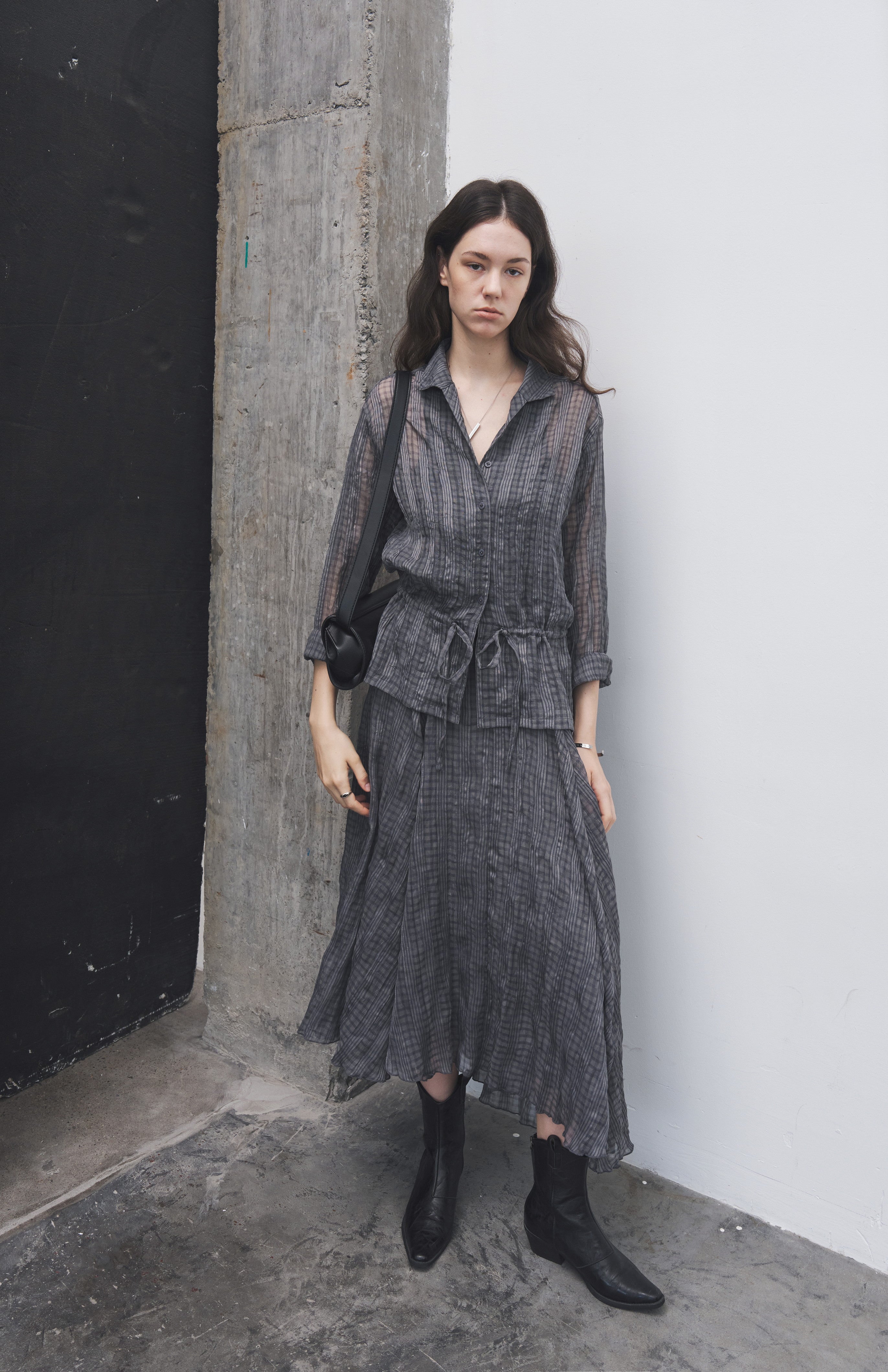 WRINKLED PLAID ASYM SKIRT / 링클 체크 아심 스커트
