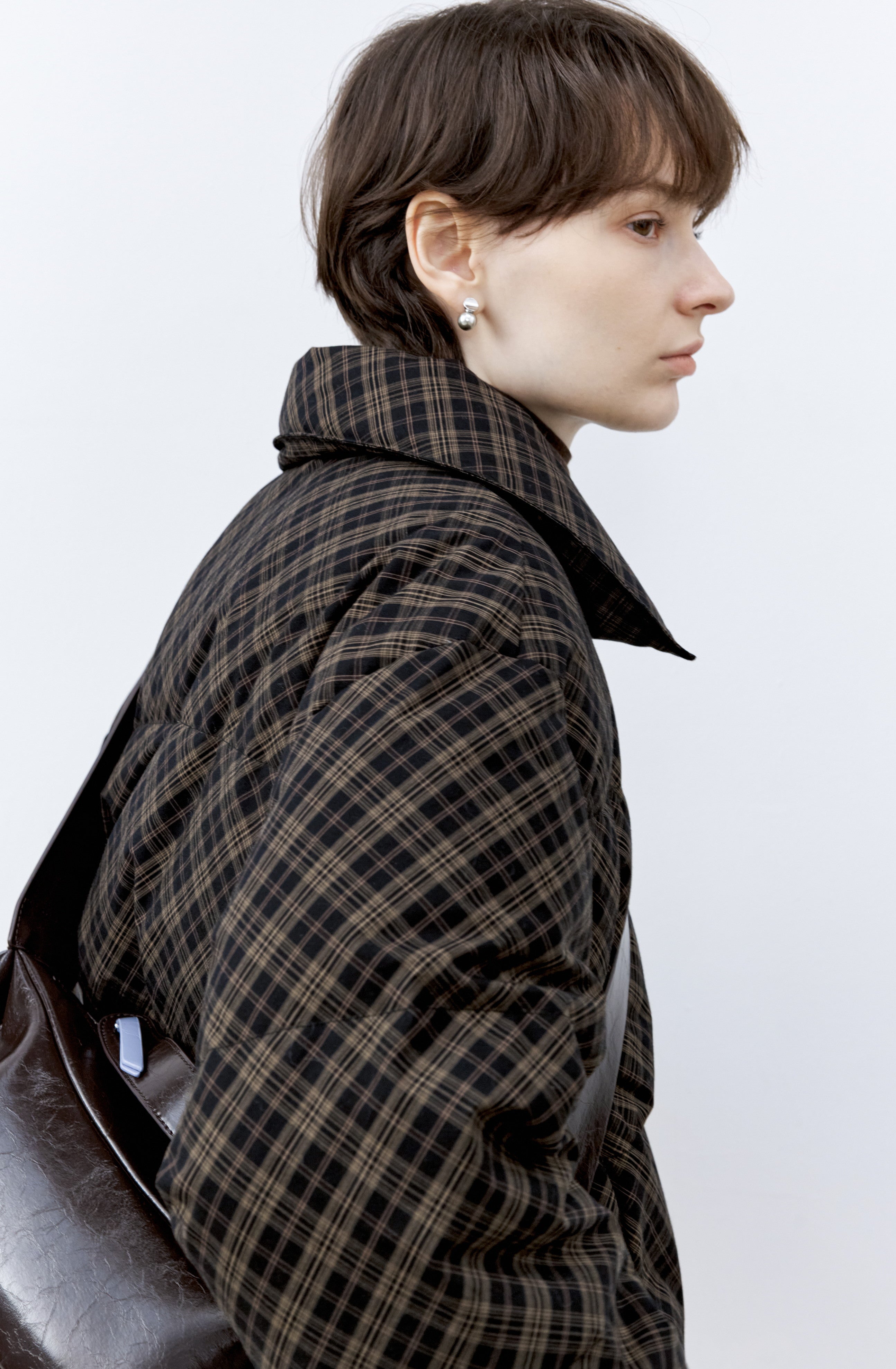 DARK PLAID LAPEL DOWN