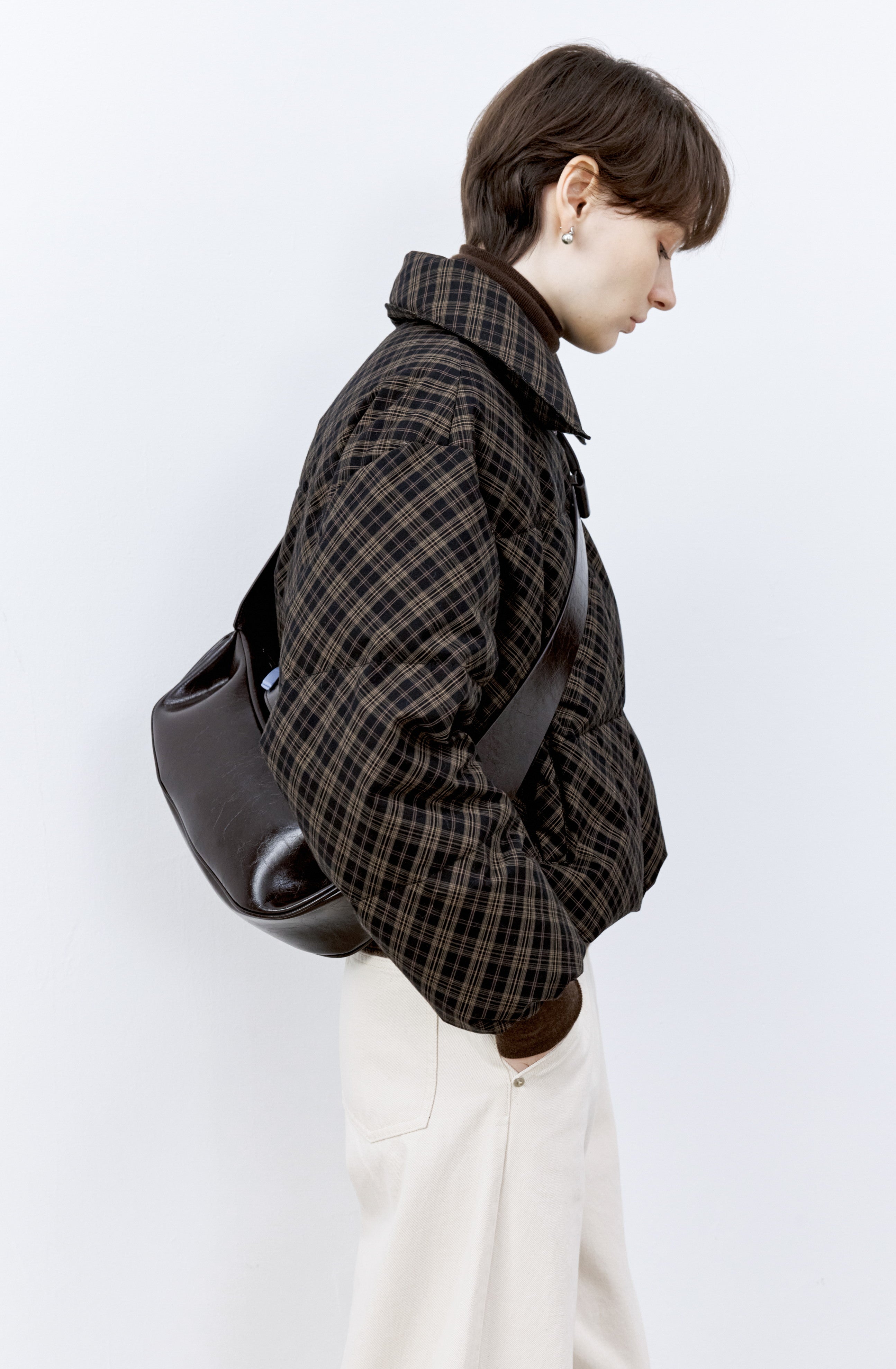 DARK PLAID LAPEL DOWN