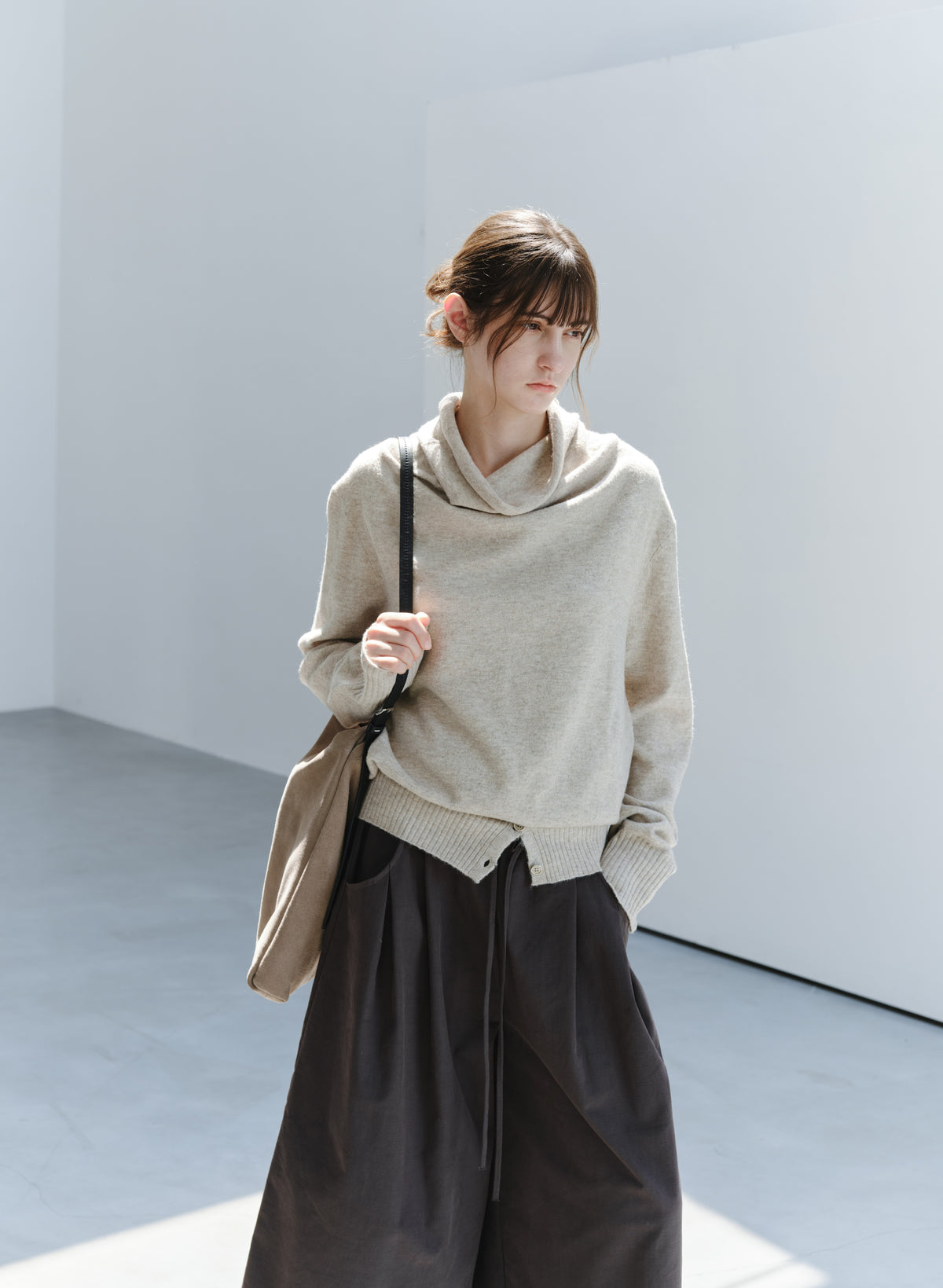 BUTTON HEM COWL SWEATER