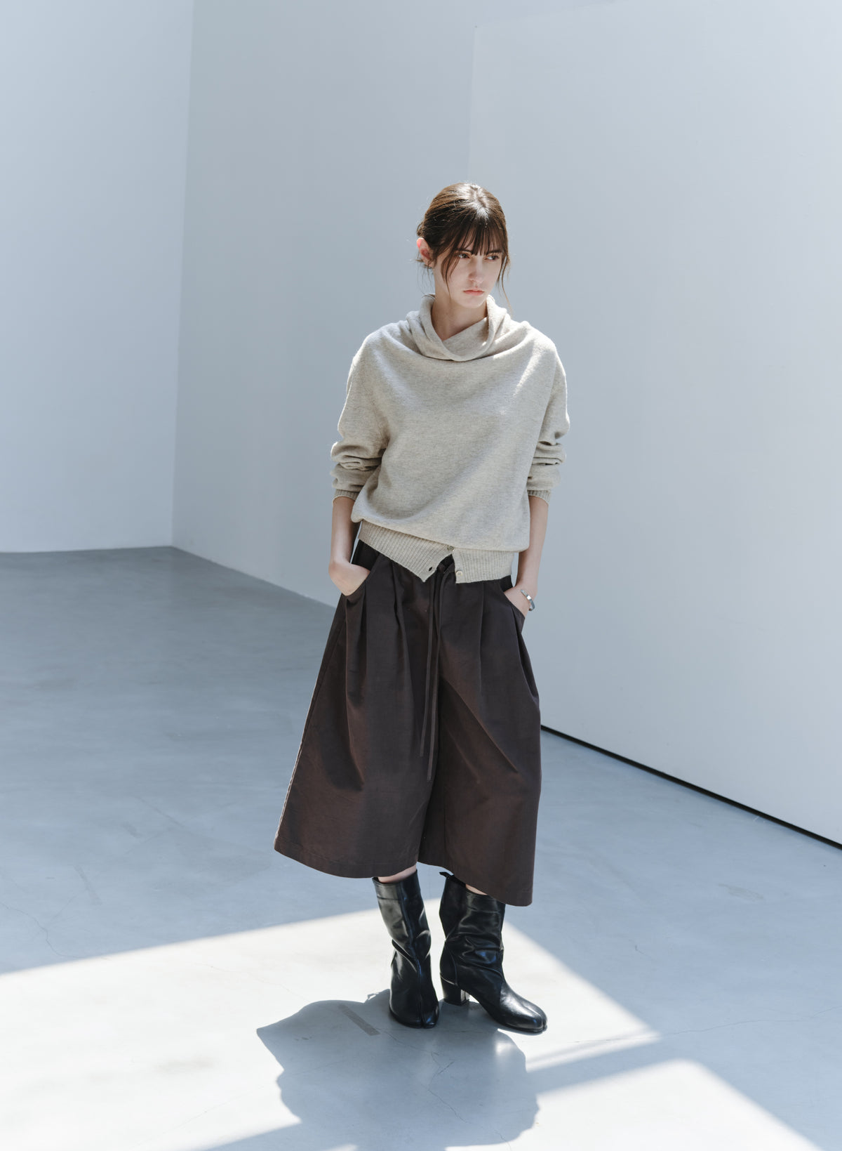 BUTTON HEM COWL SWEATER