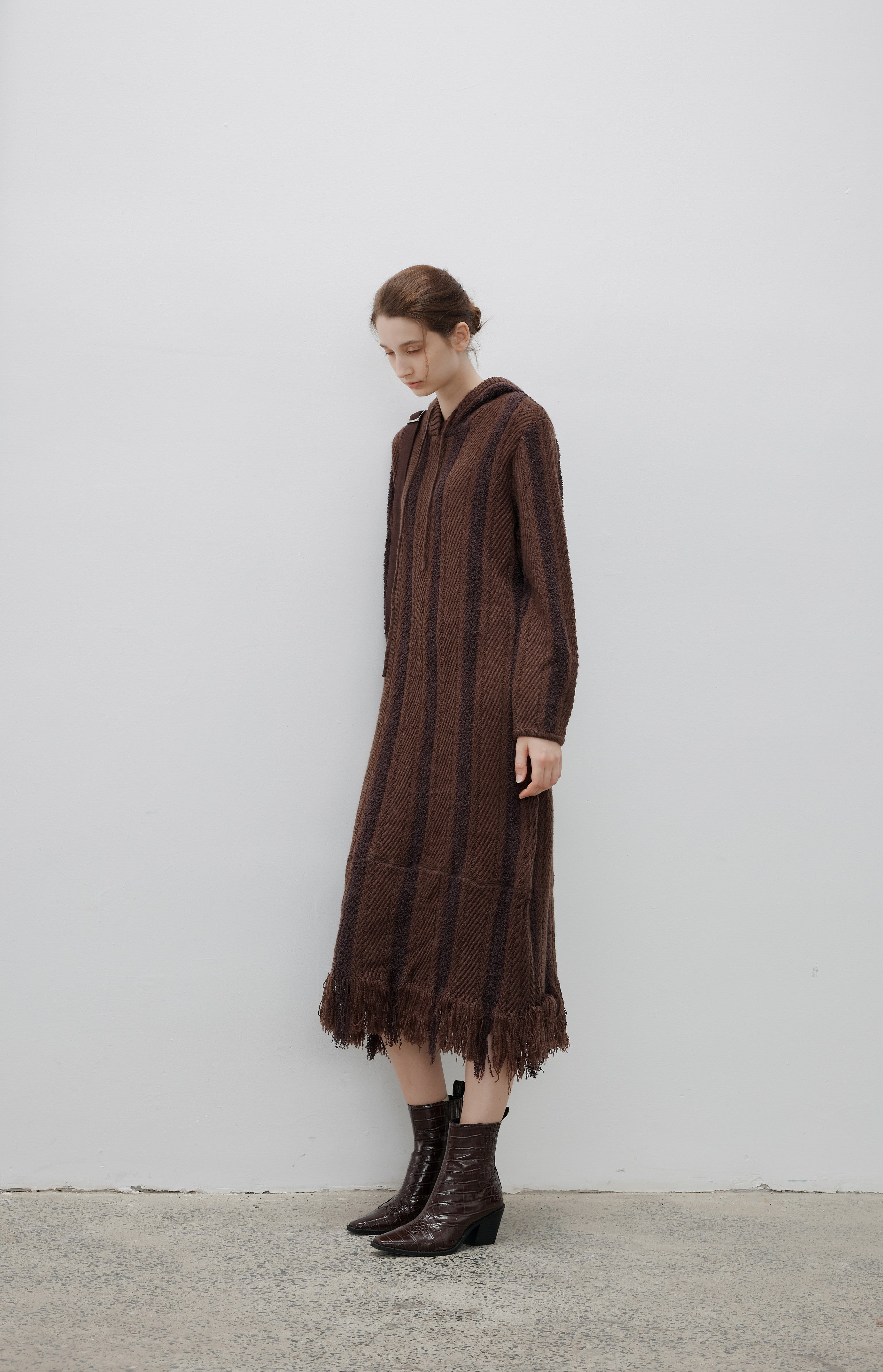 FRINGE STRIPED HOOD DRESS