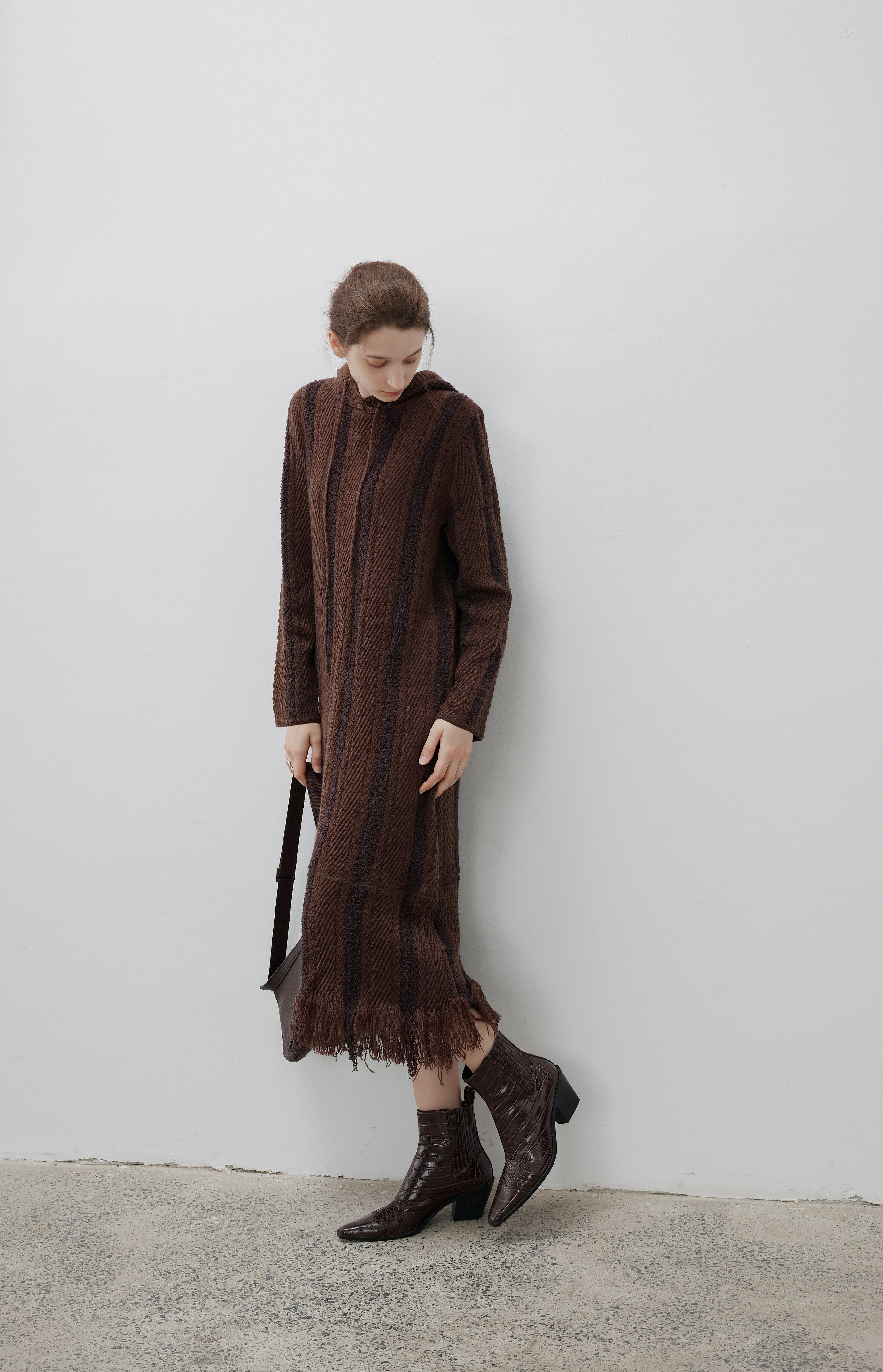 FRINGE STRIPED HOOD DRESS