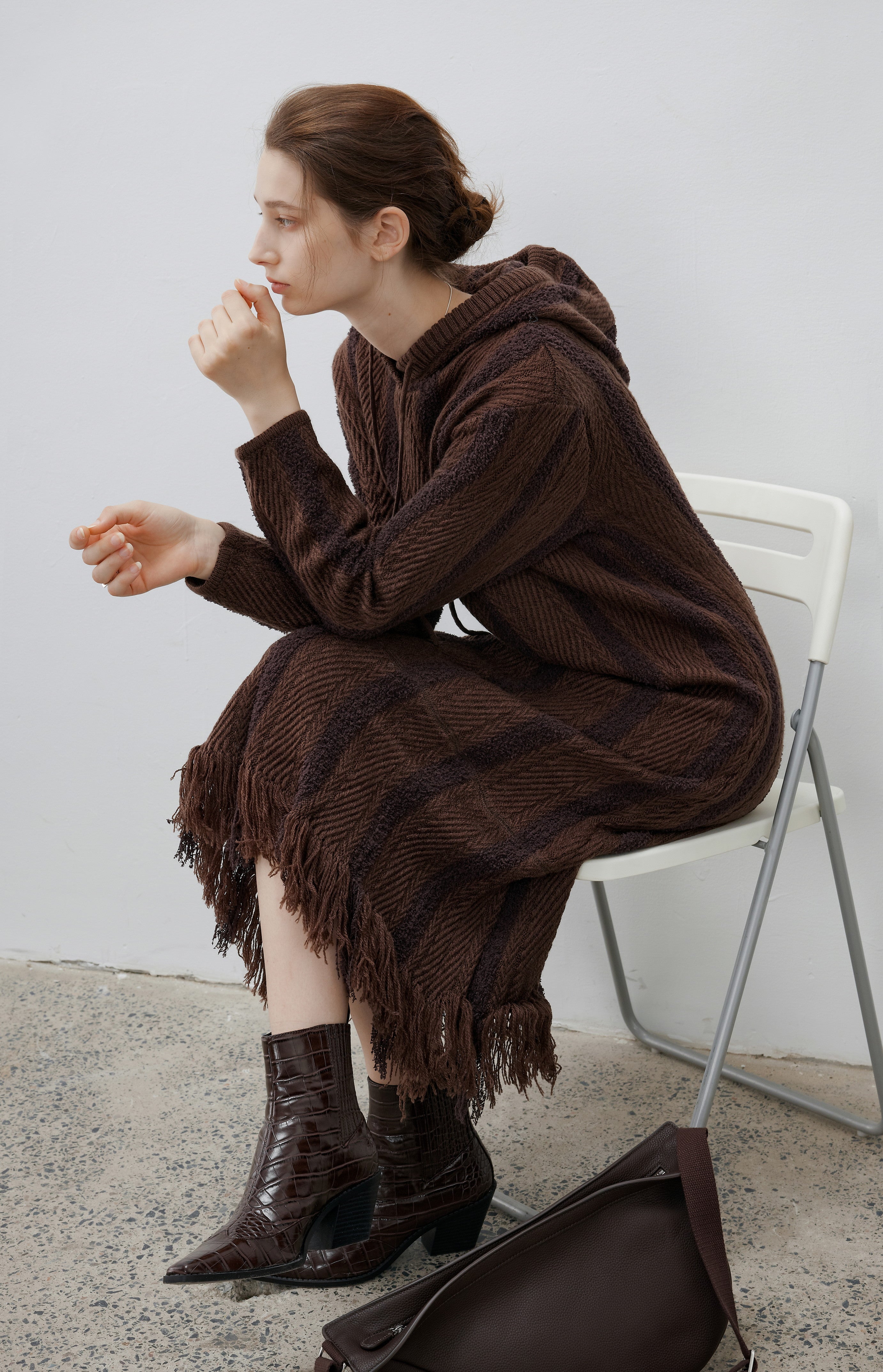 FRINGE STRIPED HOOD DRESS