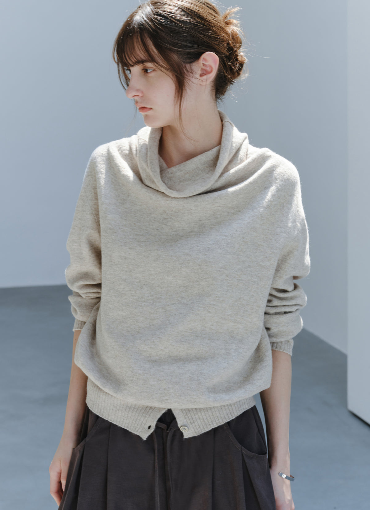 BUTTON HEM COWL SWEATER