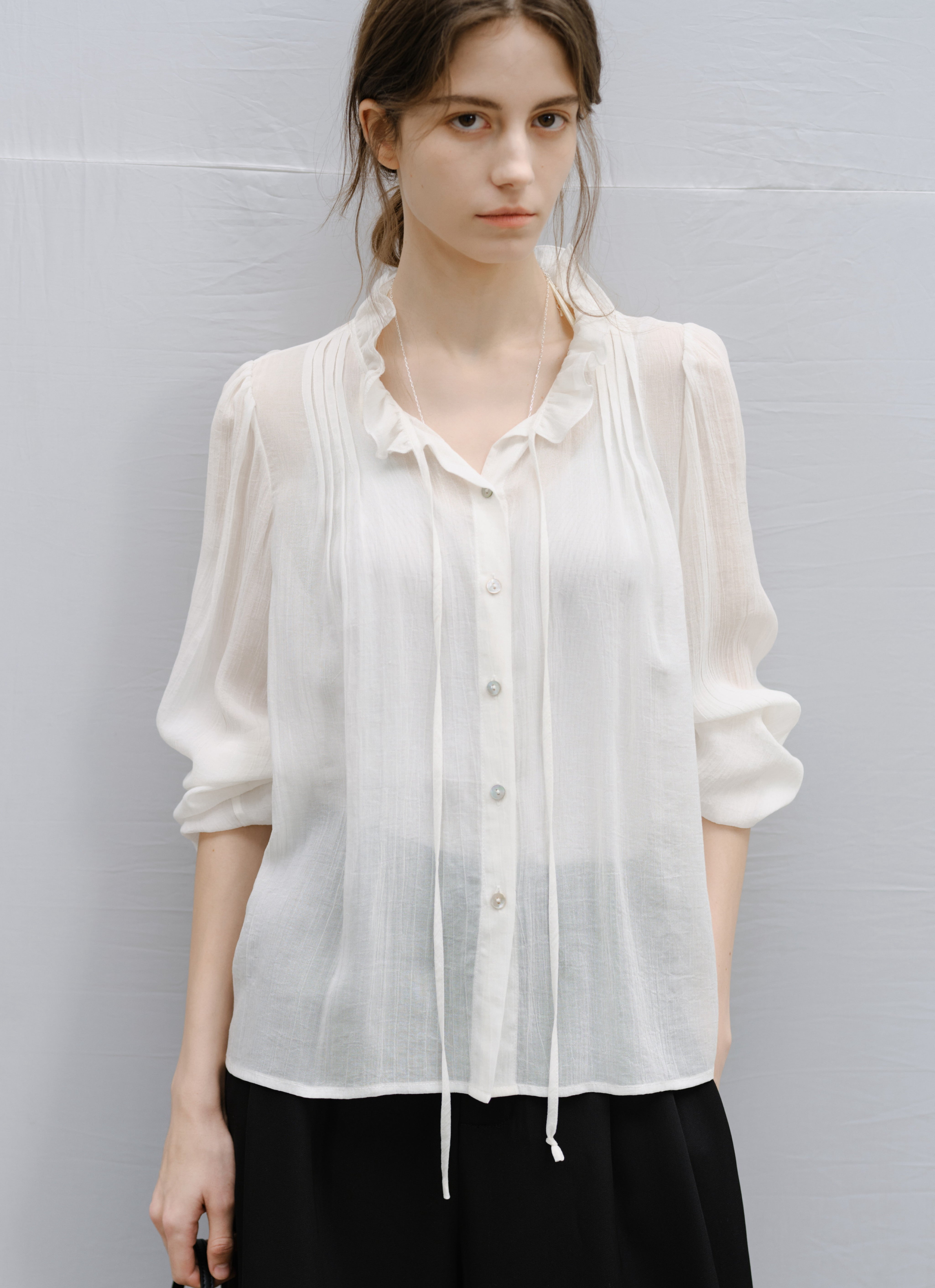 SHEER FRILL DRAPE BLOUSE / シアーフリルドレープブラウス