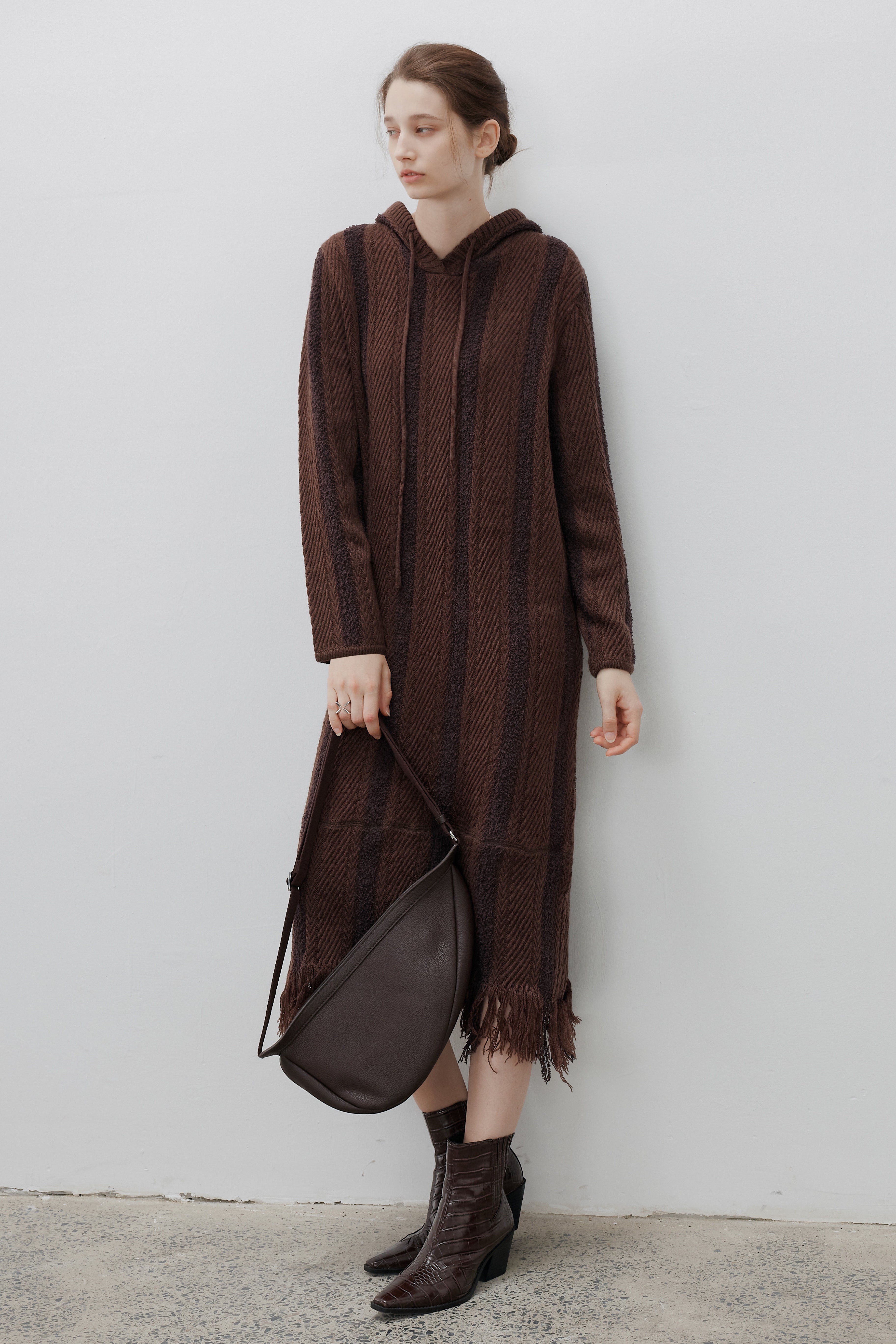 FRINGE STRIPED HOOD DRESS