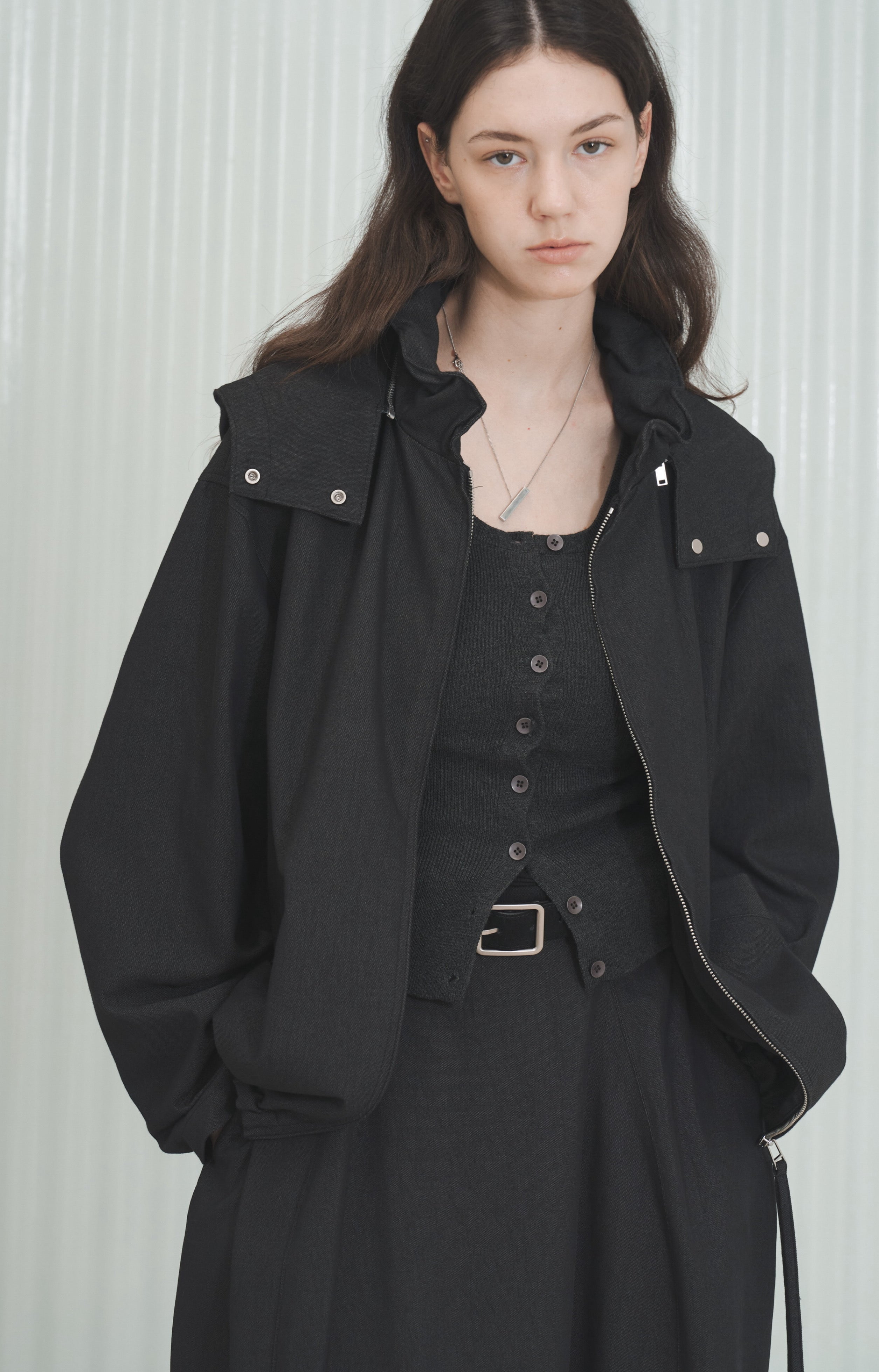 LACE COLLAR HOODED BLOUSON / 레이스 컬러 후드 블루존