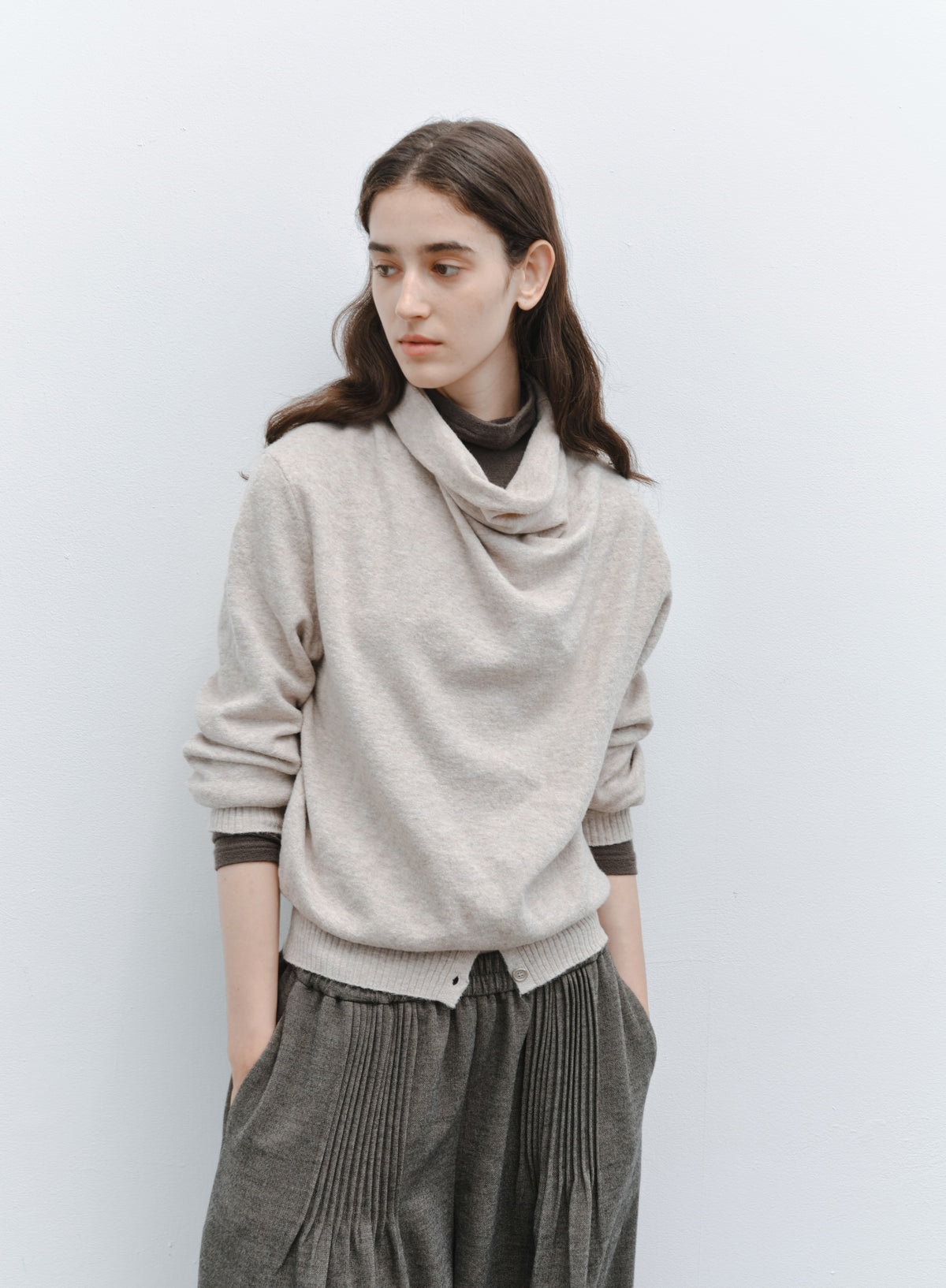 BUTTON HEM COWL SWEATER