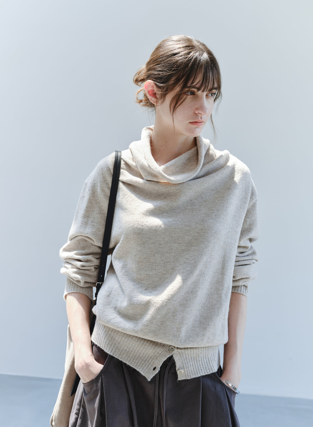 BUTTON HEM COWL SWEATER