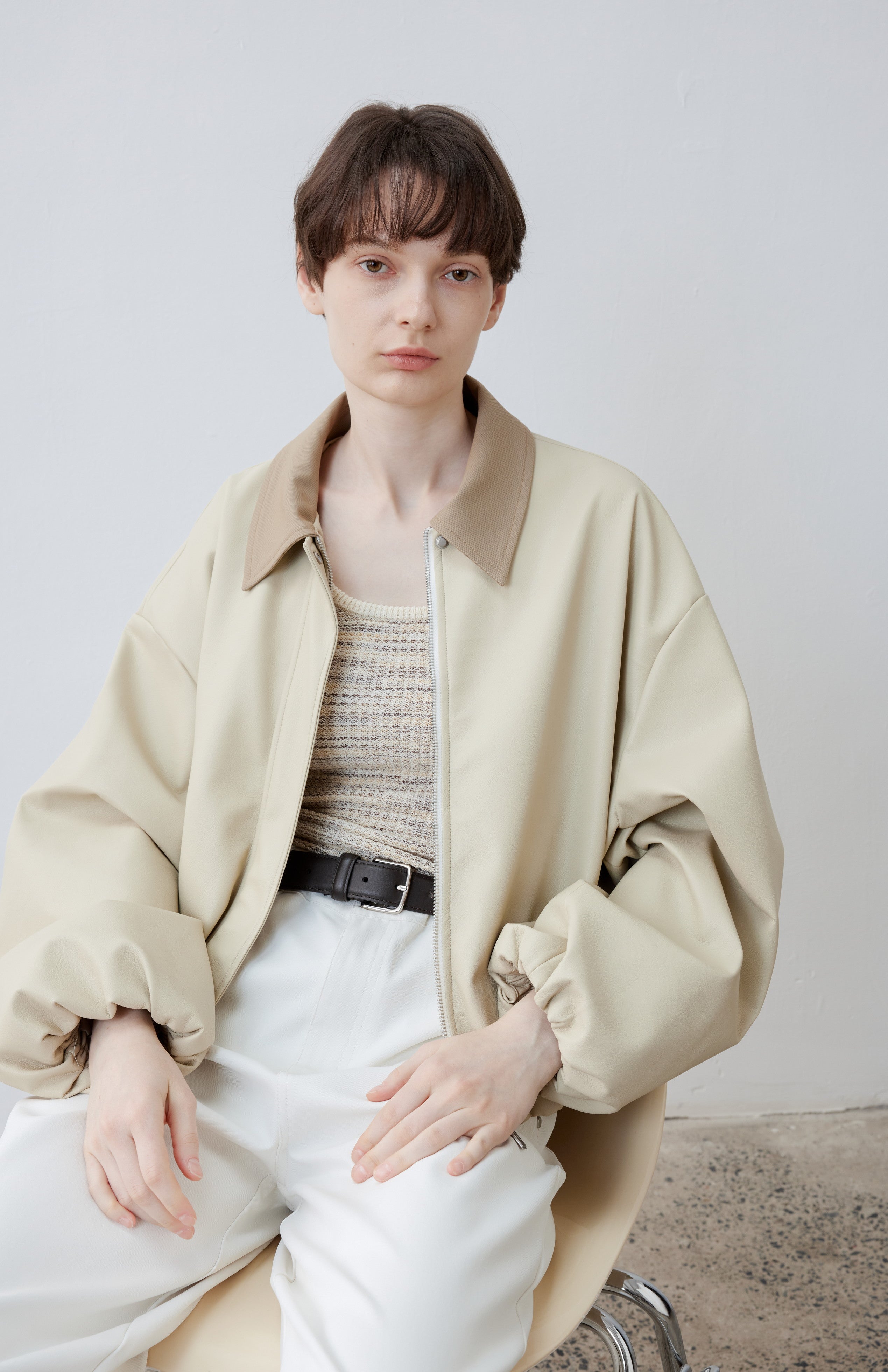 BICOLOR LEATHER BALLOON JACKET