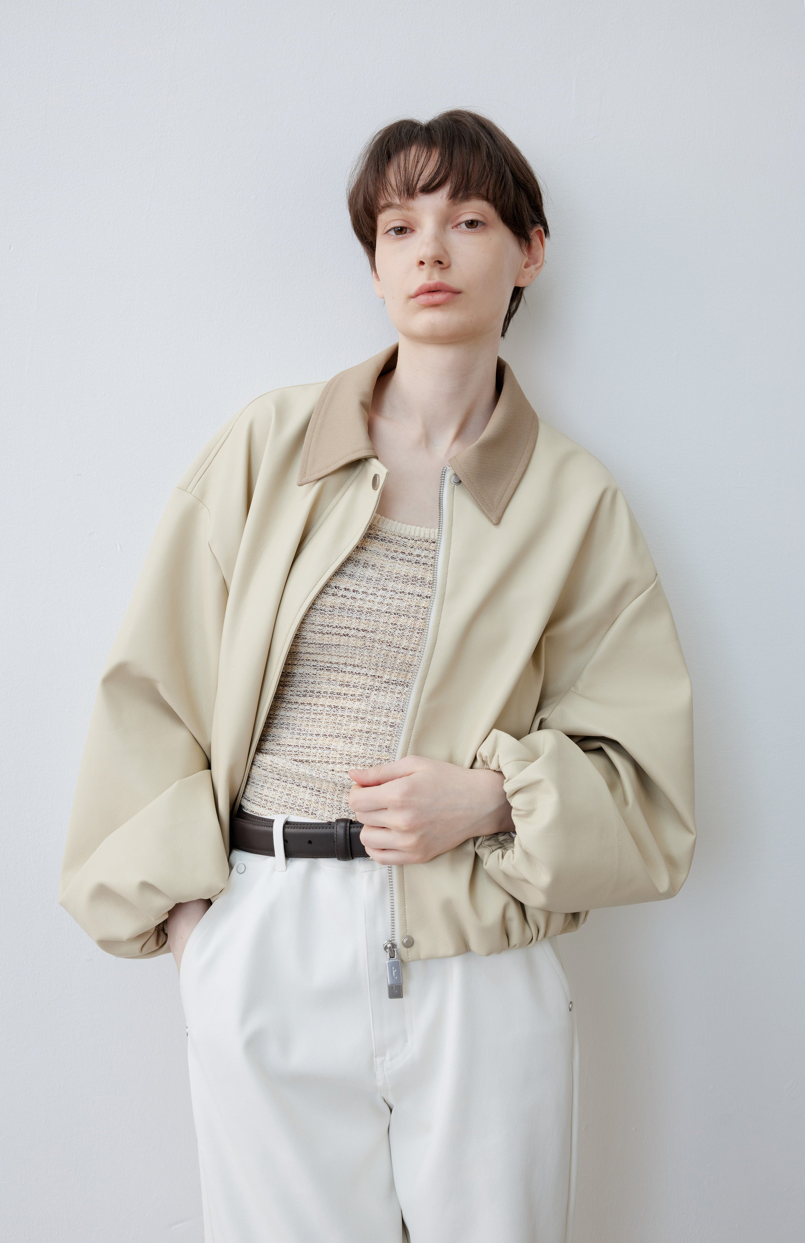 BICOLOR LEATHER BALLOON JACKET