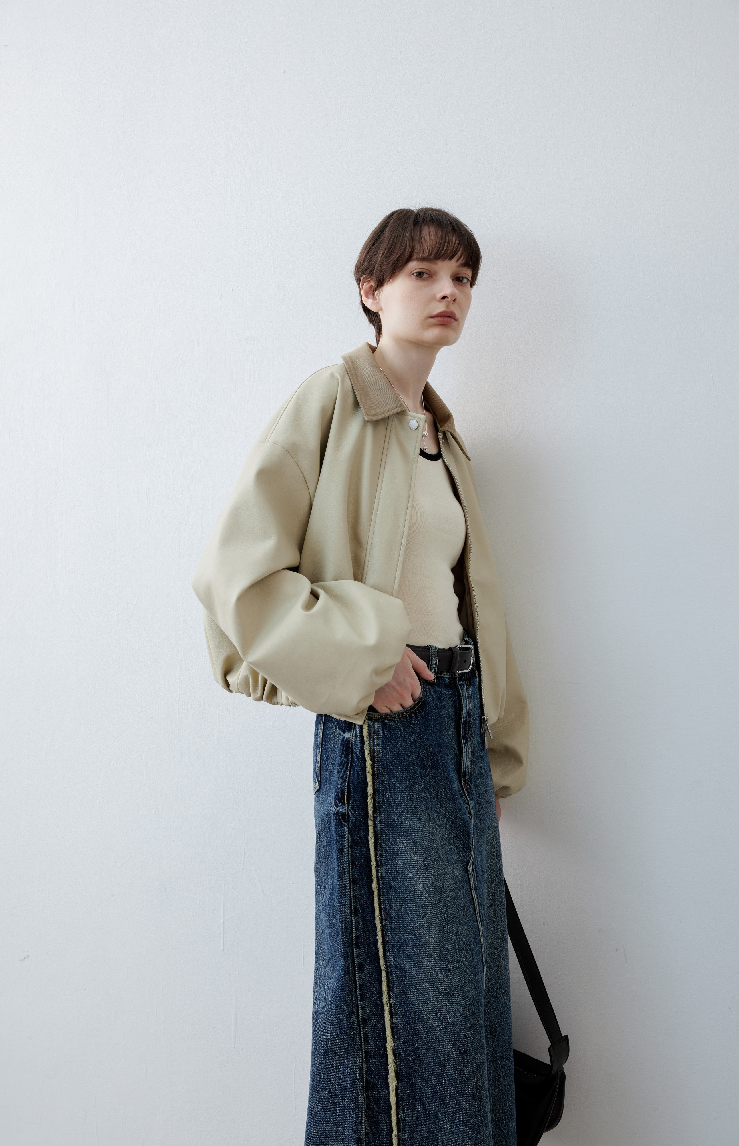 BICOLOR LEATHER BALLOON JACKET
