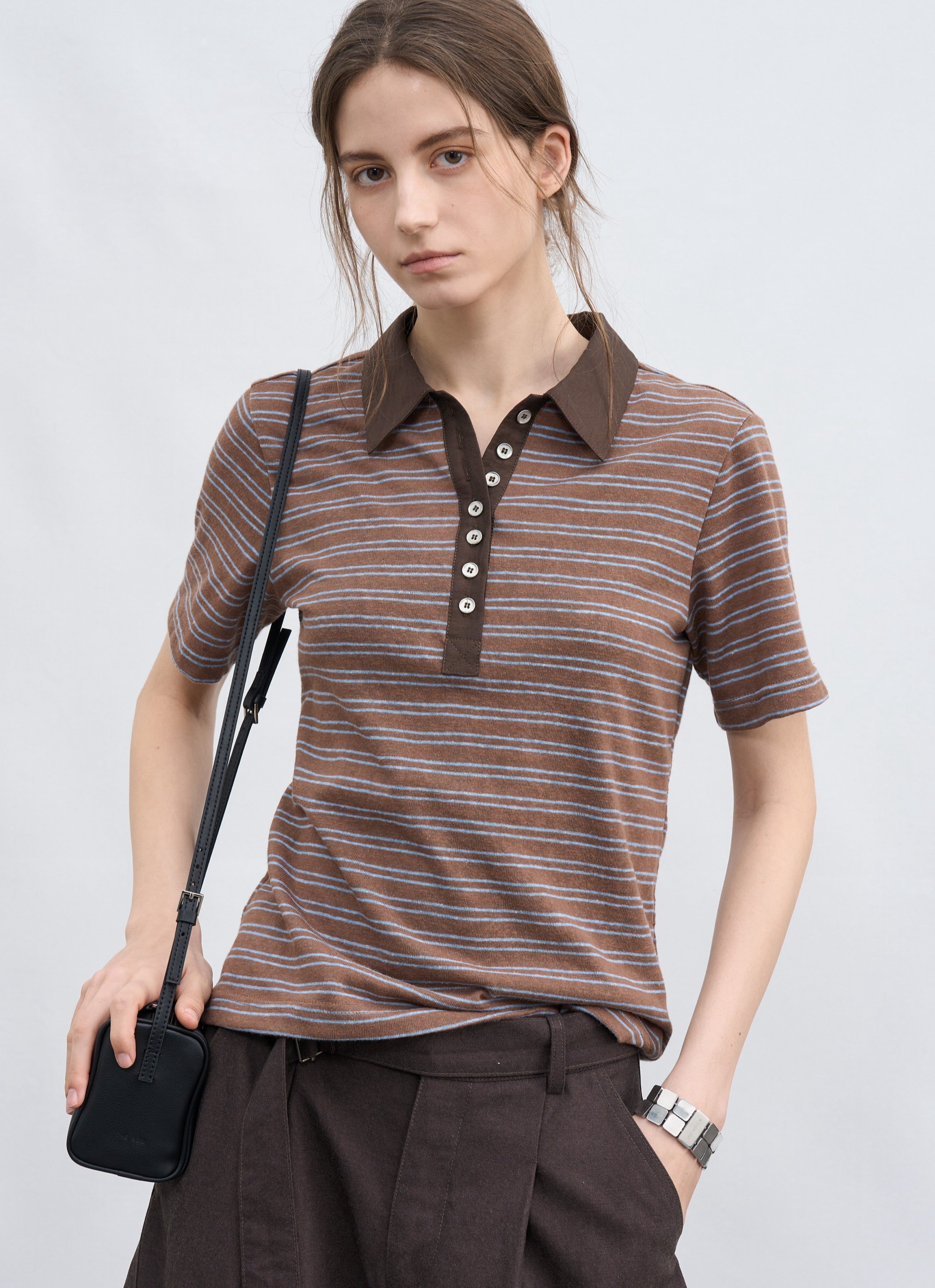 リーニアセット LINEAR BUTTON STRIPE TEE / リニアボタンストライプティー