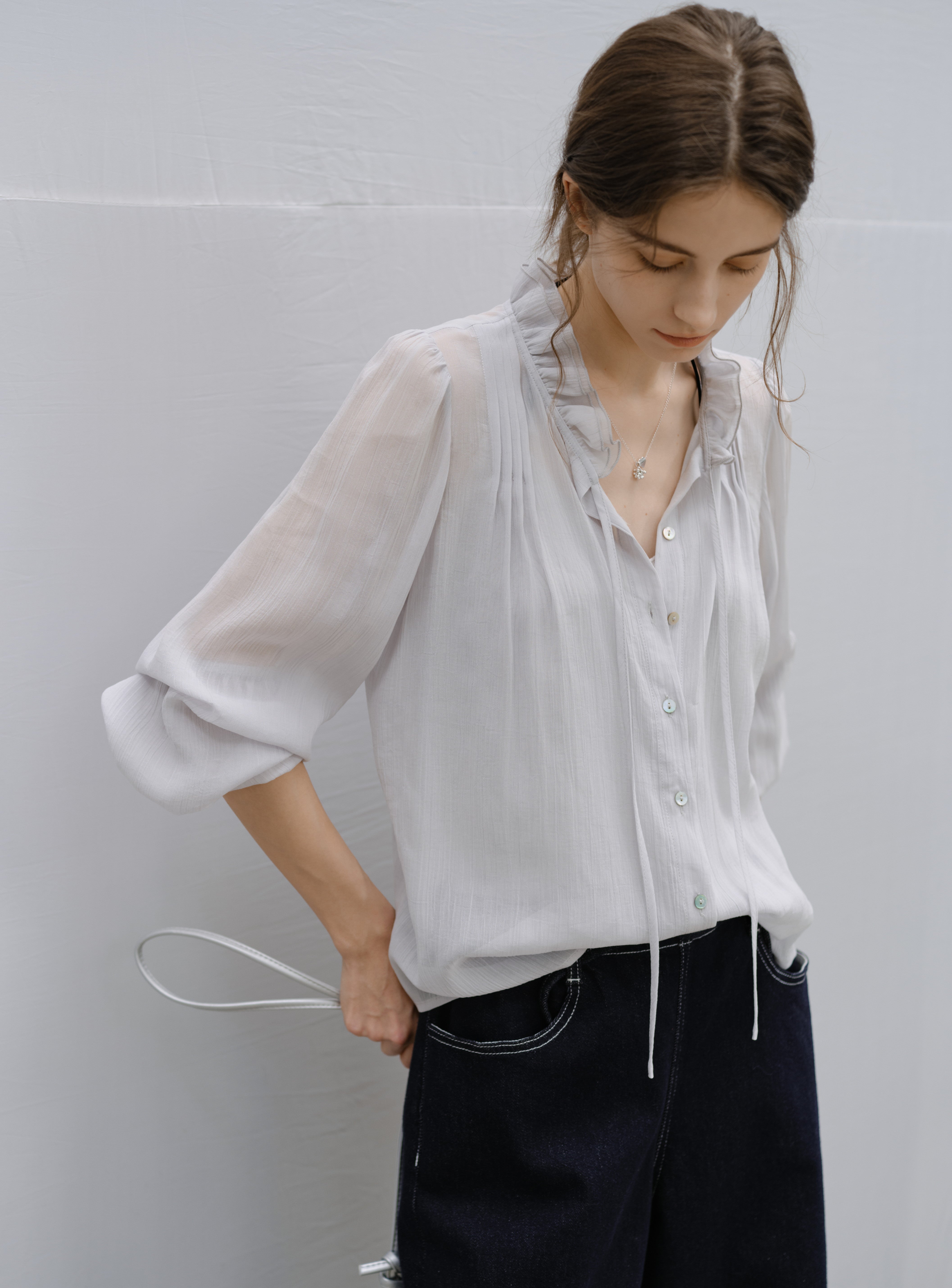 SHEER FRILL DRAPE BLOUSE / シアーフリルドレープブラウス