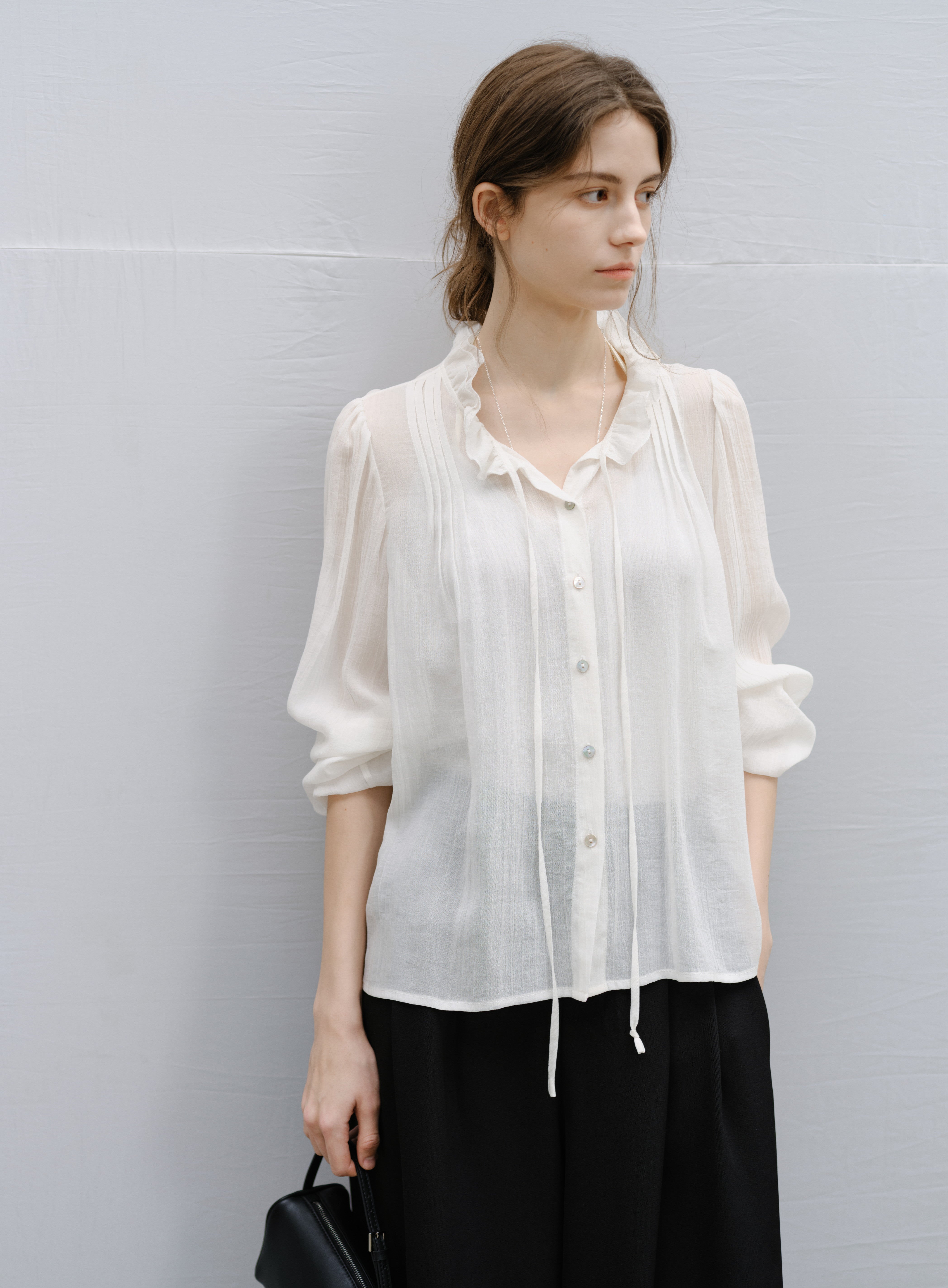 SHEER FRILL DRAPE BLOUSE / シアーフリルドレープブラウス
