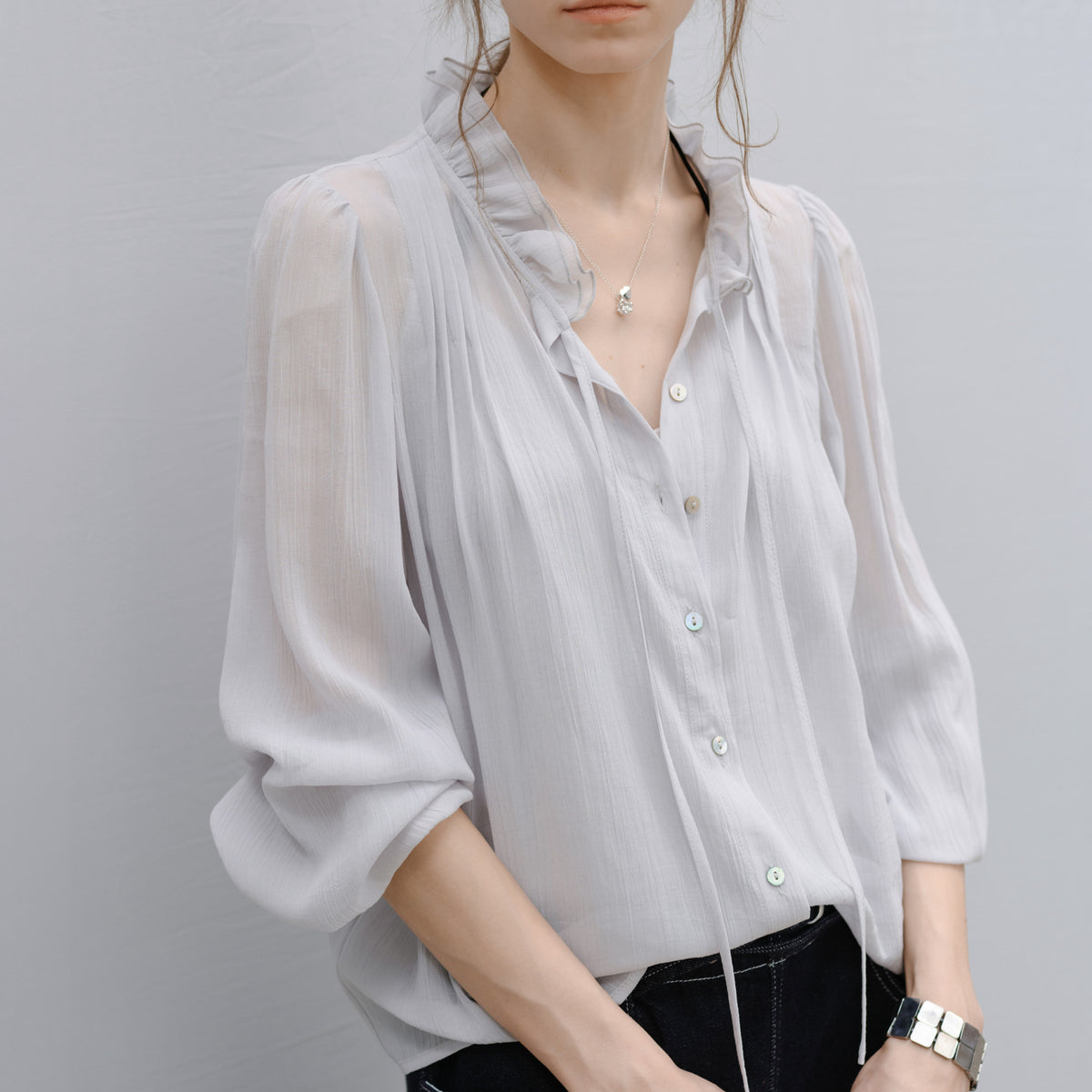 SHEER FRILL DRAPE BLOUSE / シアーフリルドレープブラウス