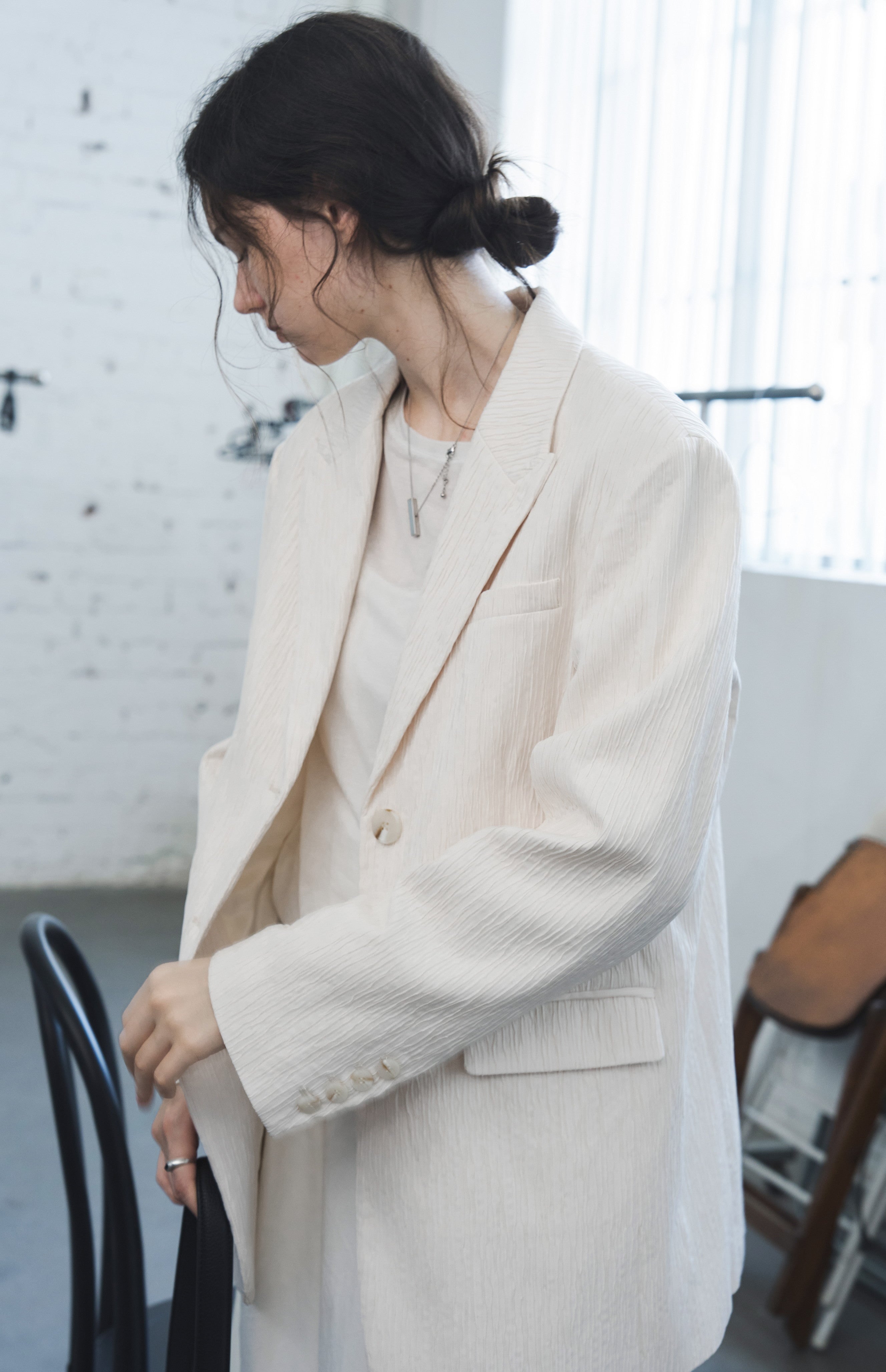 STRIPED WRINKLE WHITE JACKET / ストライプリンクルホワイトジャケット