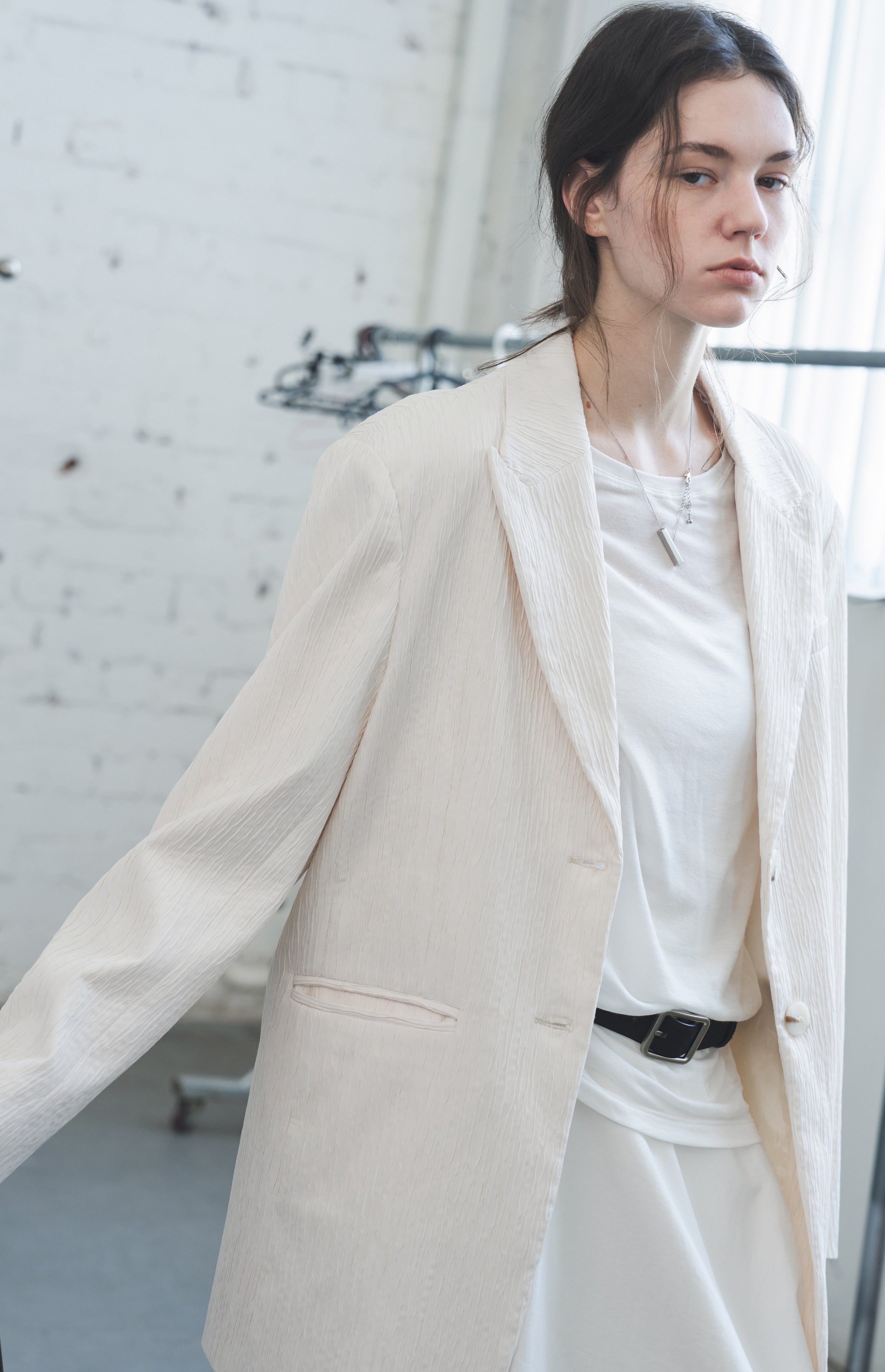 STRIPED WRINKLE WHITE JACKET / ストライプリンクルホワイトジャケット