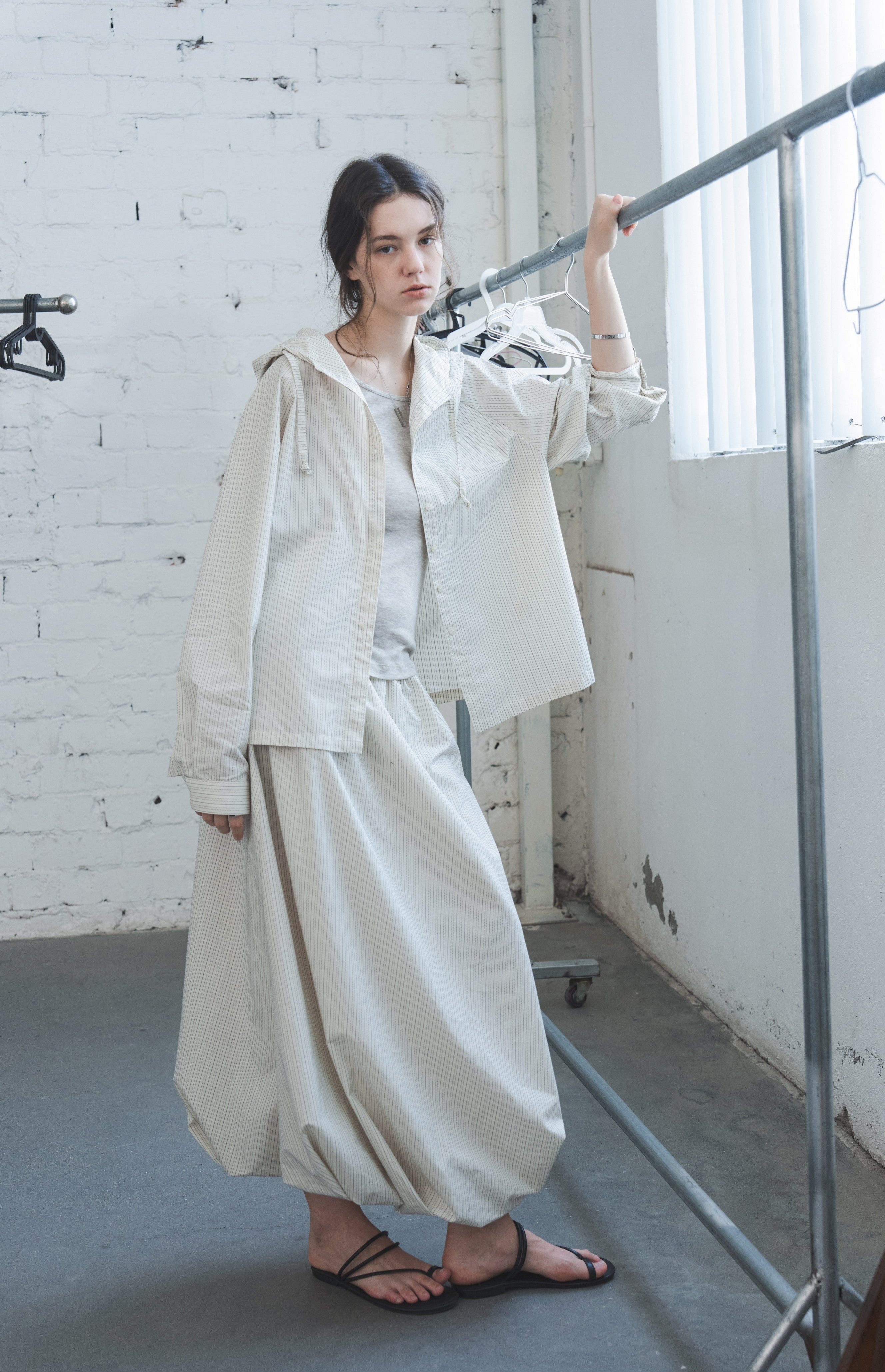 HOODED STRIPE OVERSHIRT / フードストライプオーバーシャツ