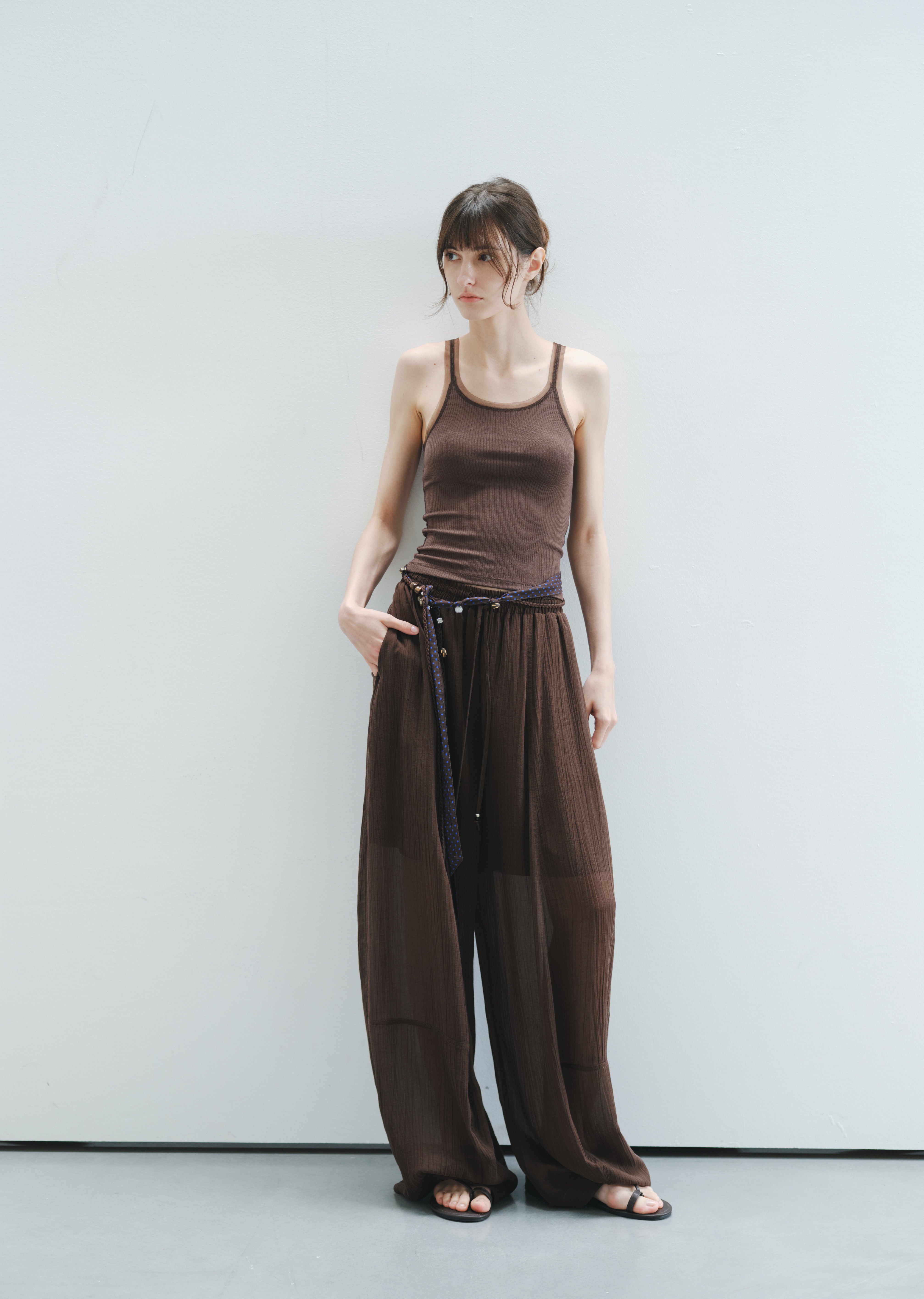 【裾上げ済み・注意事項あり】 deres drape pants ドレープパンツ LAYERED SHEER DRAPE PANTS / レイヤードシアードレープパンツ