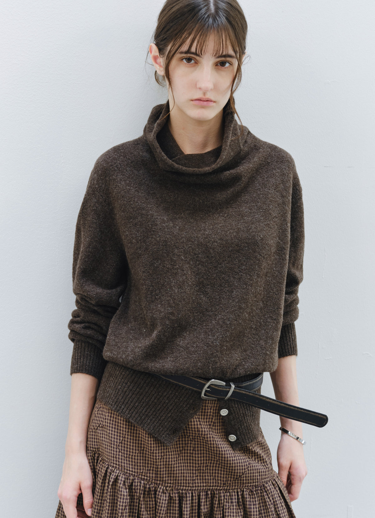 BUTTON HEM COWL SWEATER