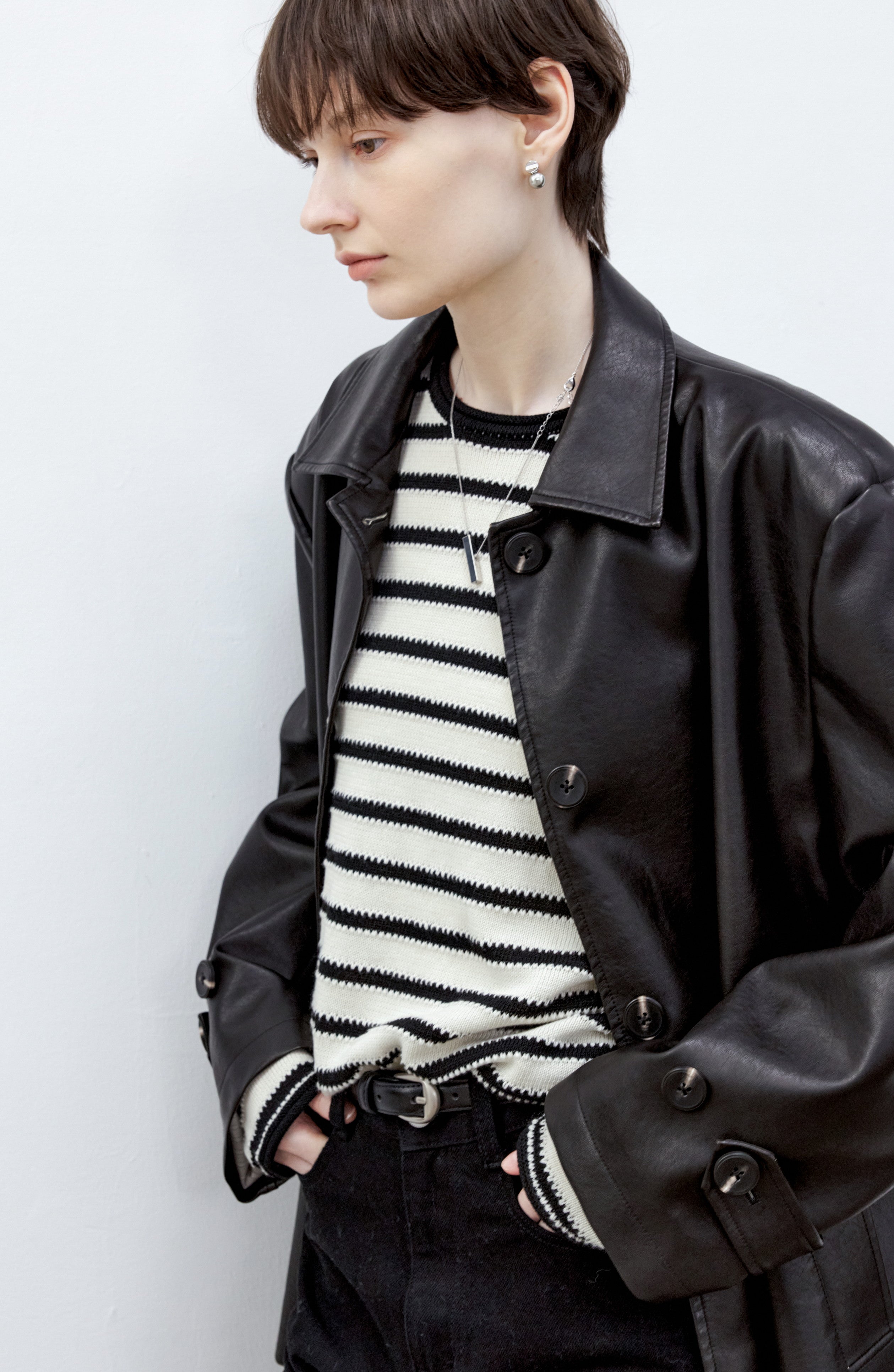 CUFF STRIPE LEATHER JACKET