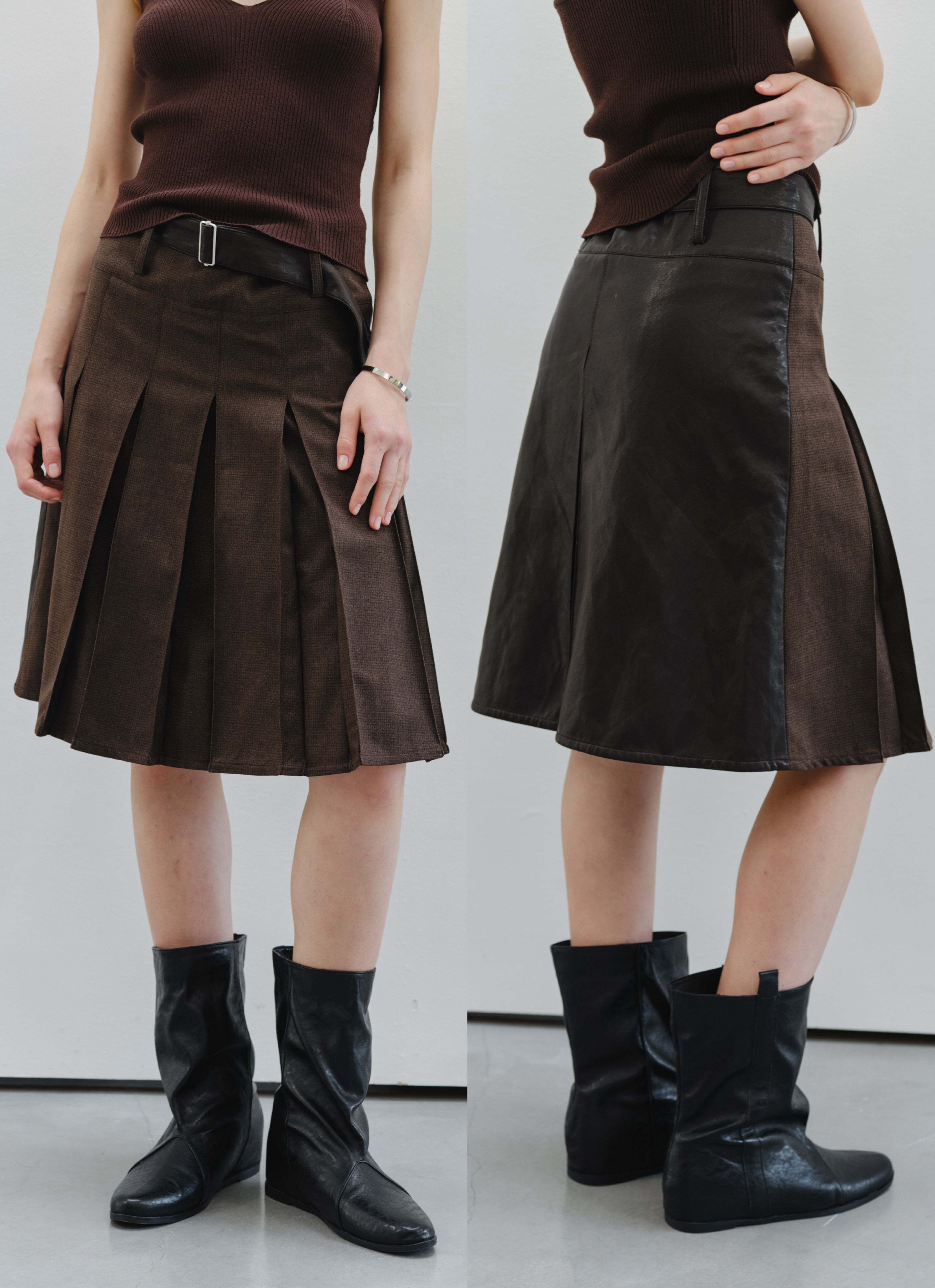 BACK LEATHER PLEATED SKIRT