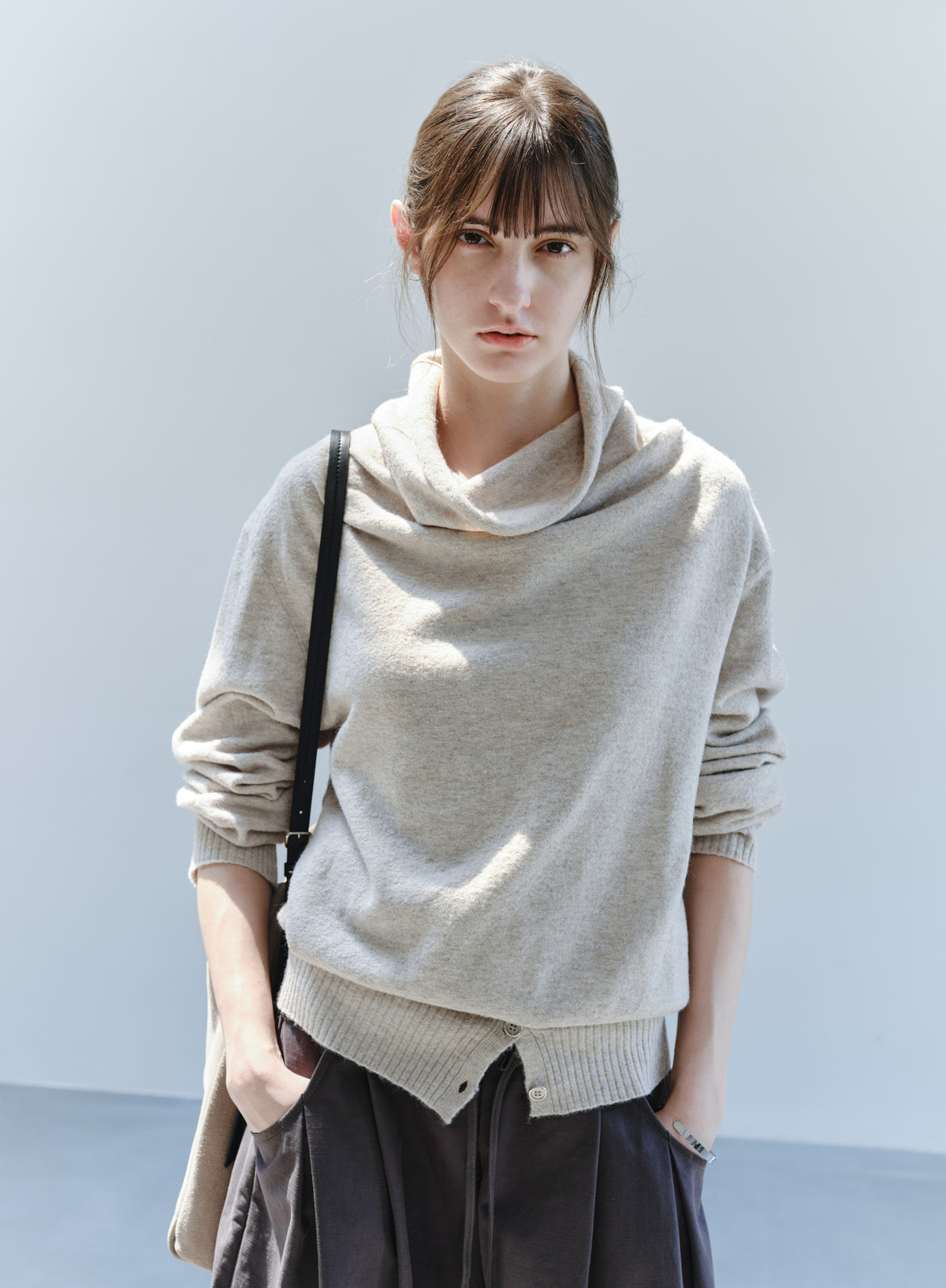 BUTTON HEM COWL SWEATER