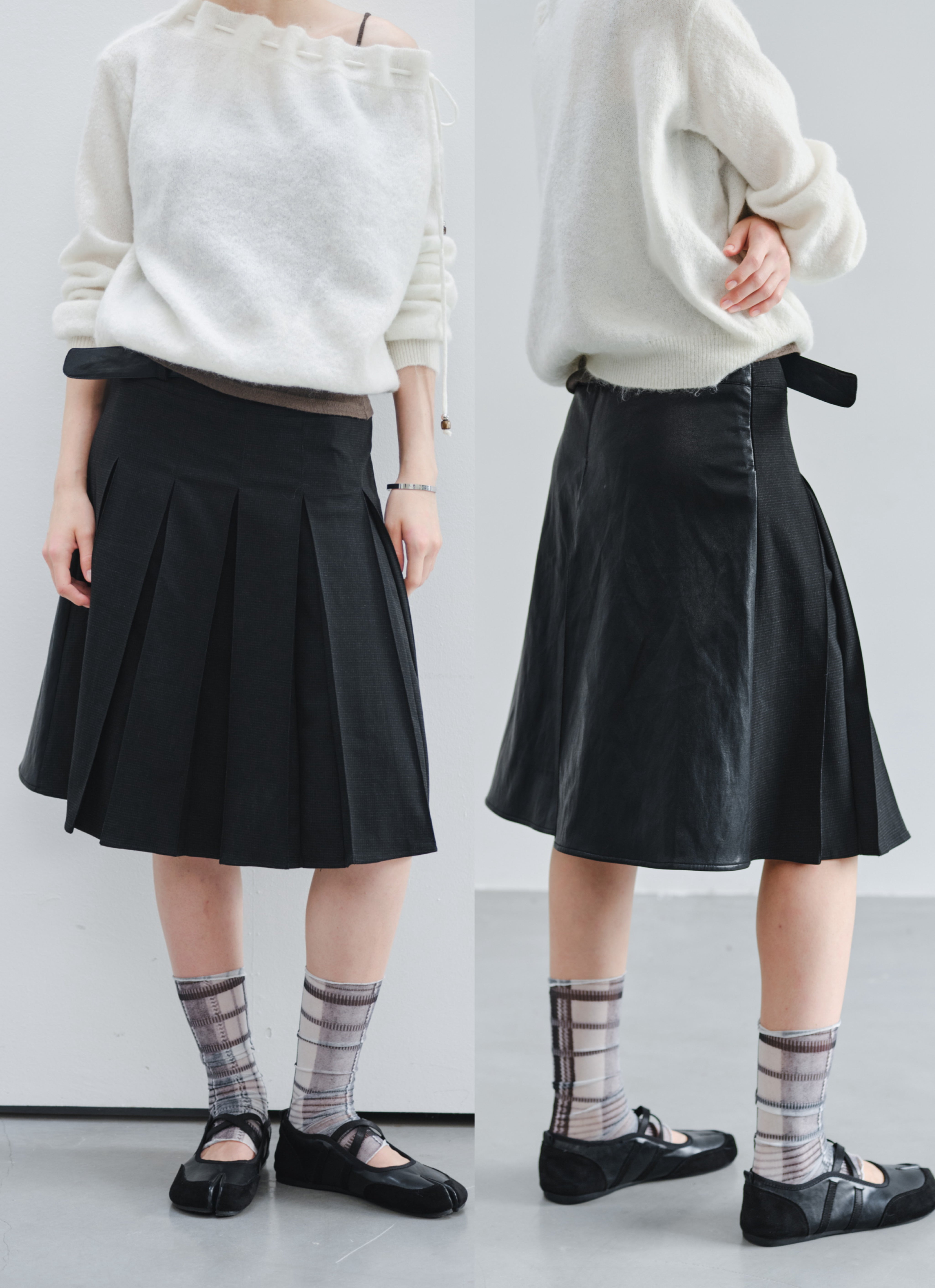 BACK LEATHER PLEATED SKIRT