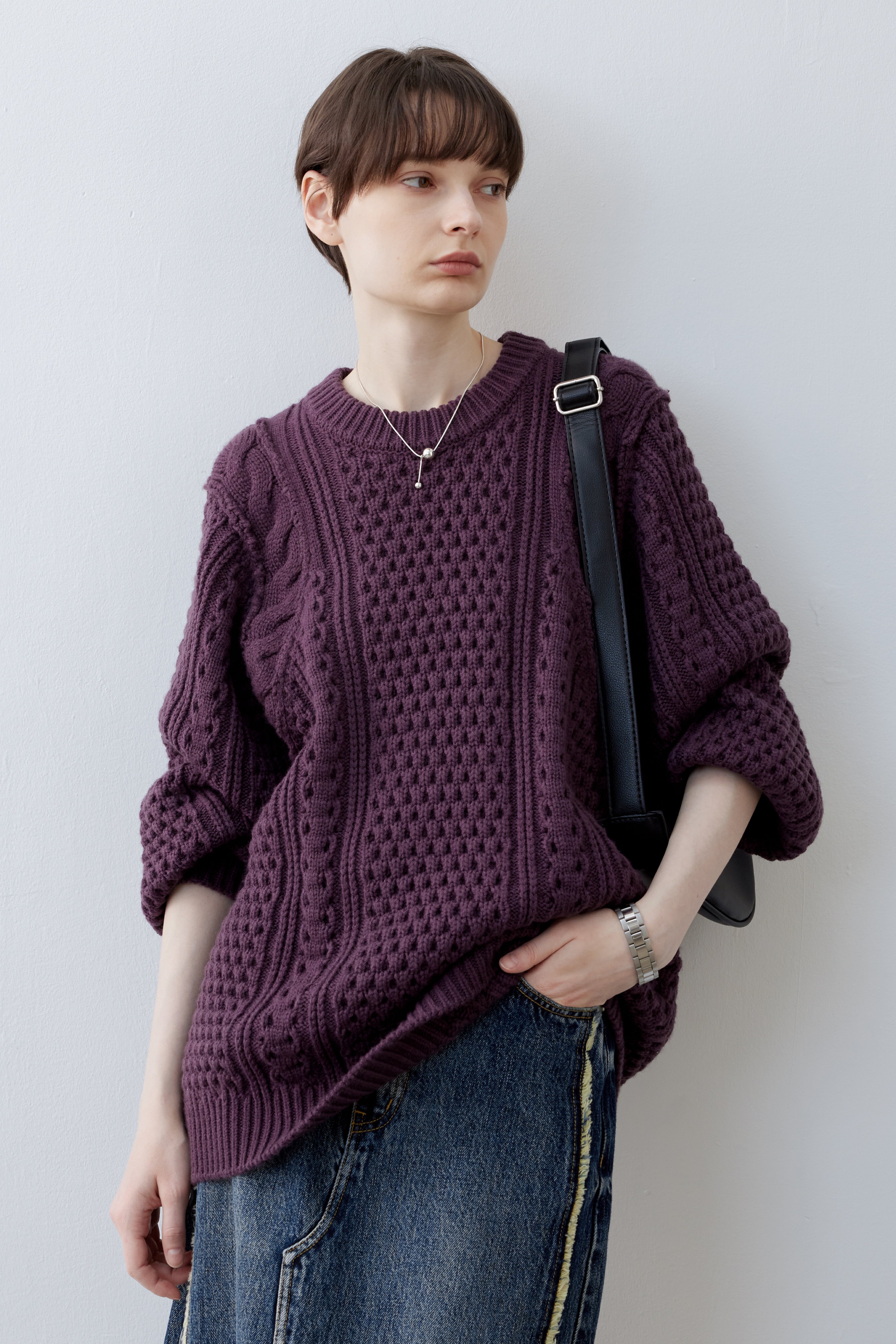 CONTRAST CABLE MIX WOOL KNIT