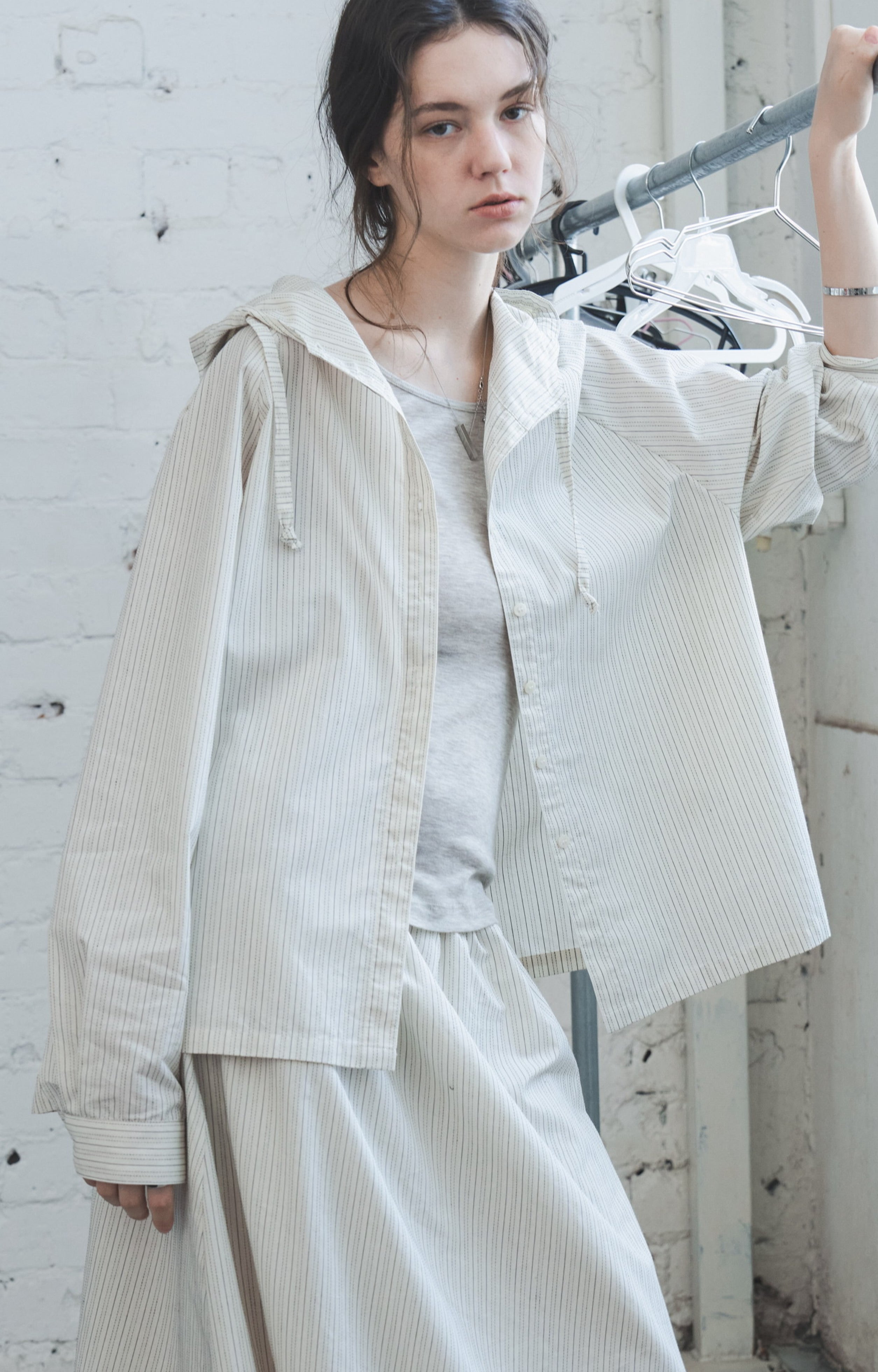 HOODED STRIPE OVERSHIRT / フードストライプオーバーシャツ