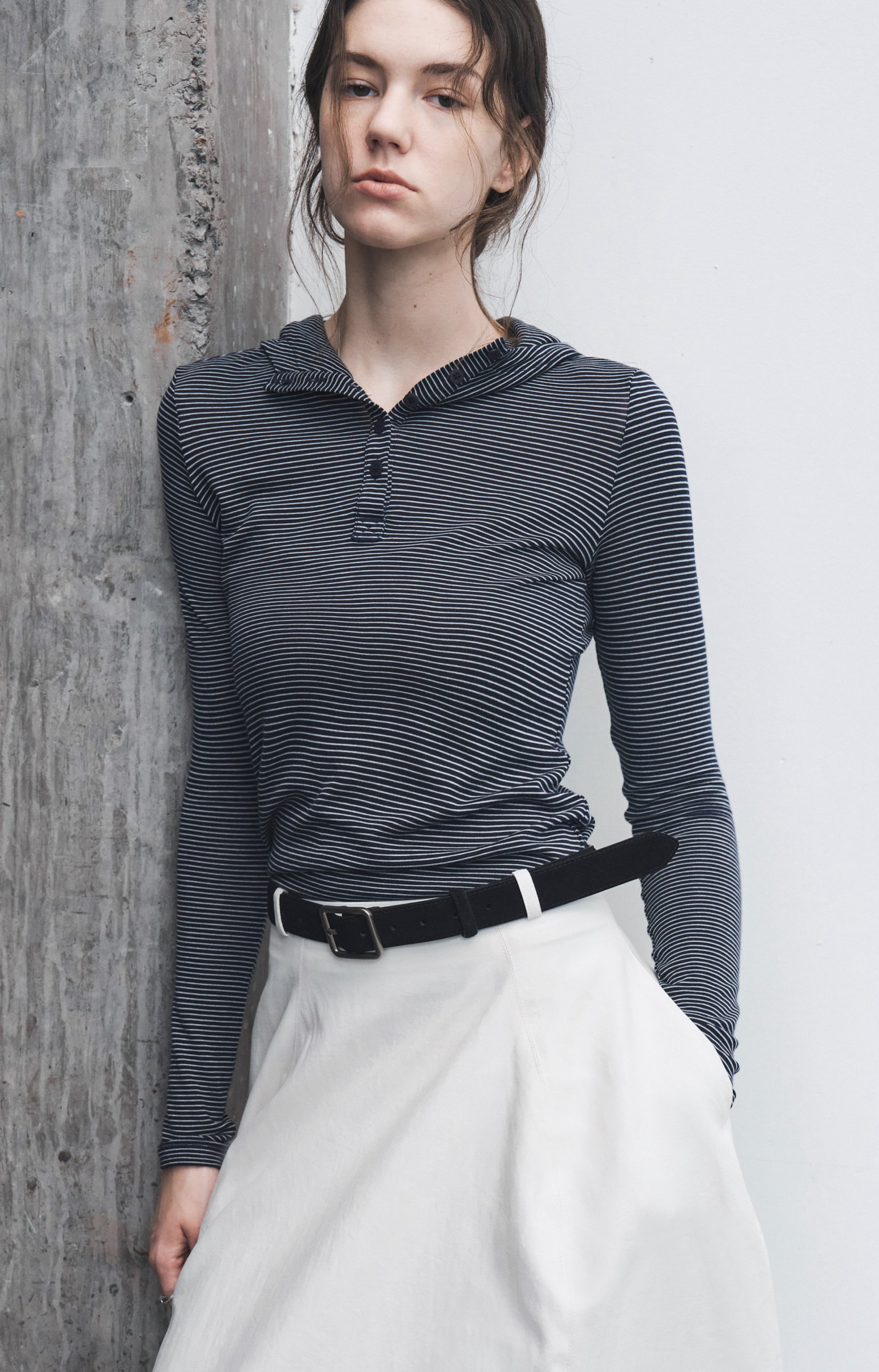 HOODED STRIPE FIT LONG T-SHIRT / フードストライプフィットロングTシャツ