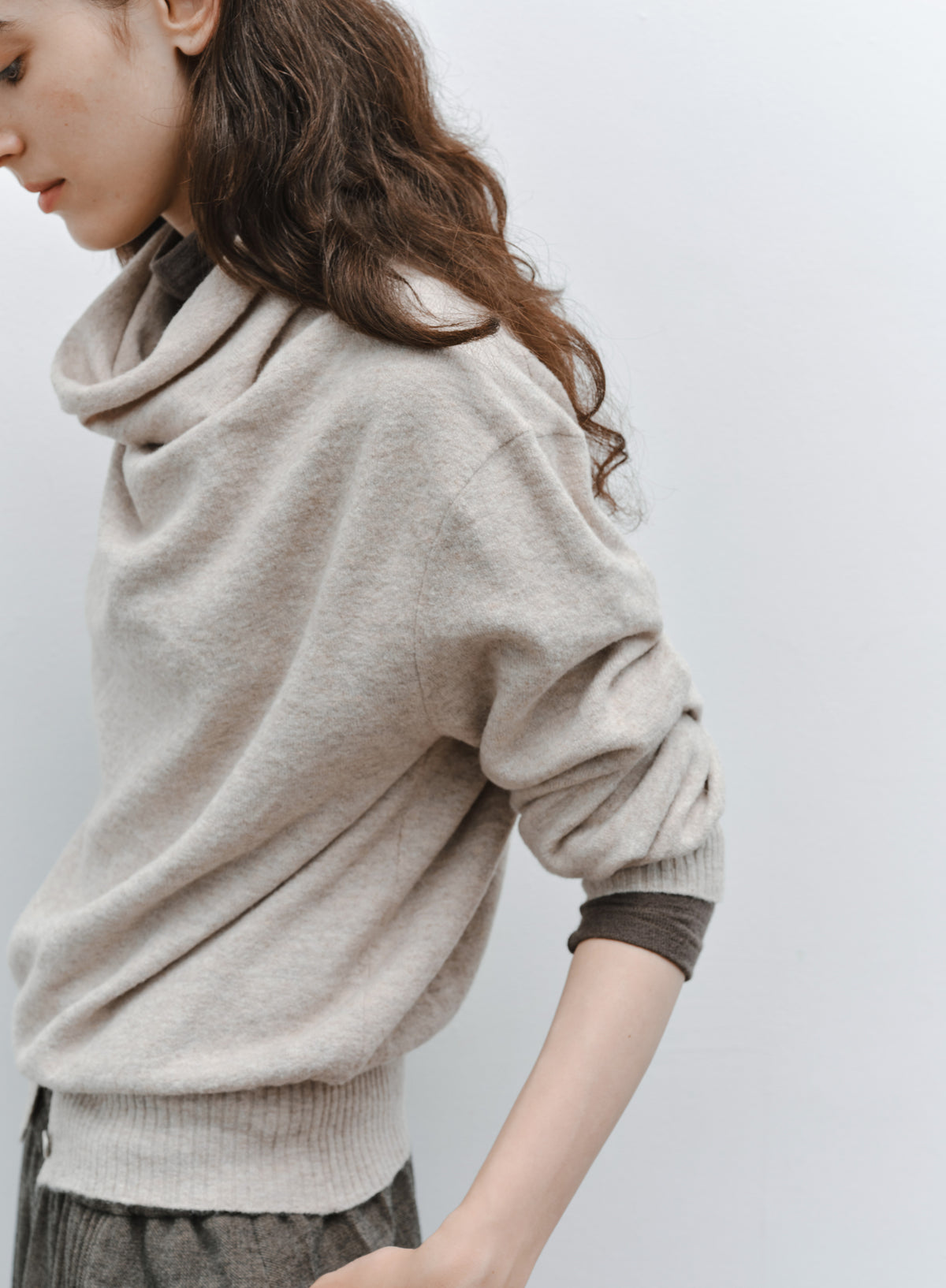 BUTTON HEM COWL SWEATER