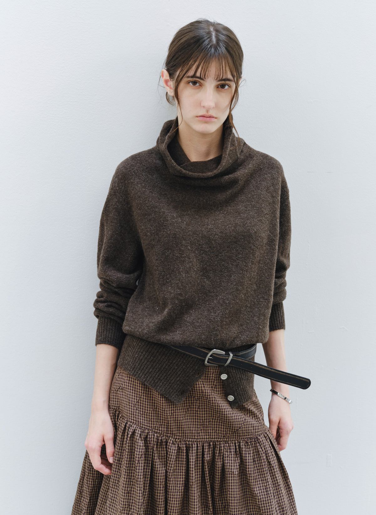 BUTTON HEM COWL SWEATER