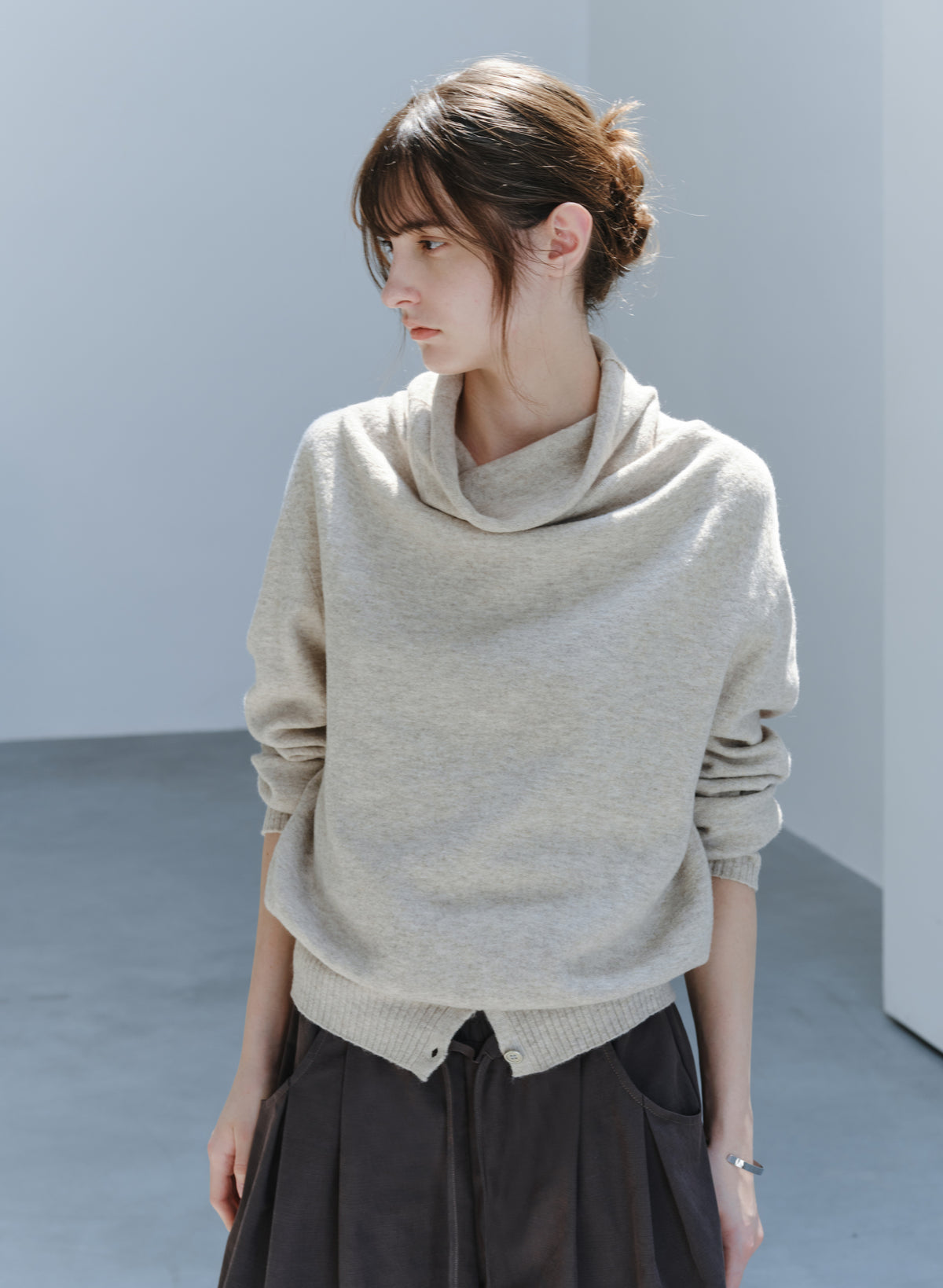 BUTTON HEM COWL SWEATER