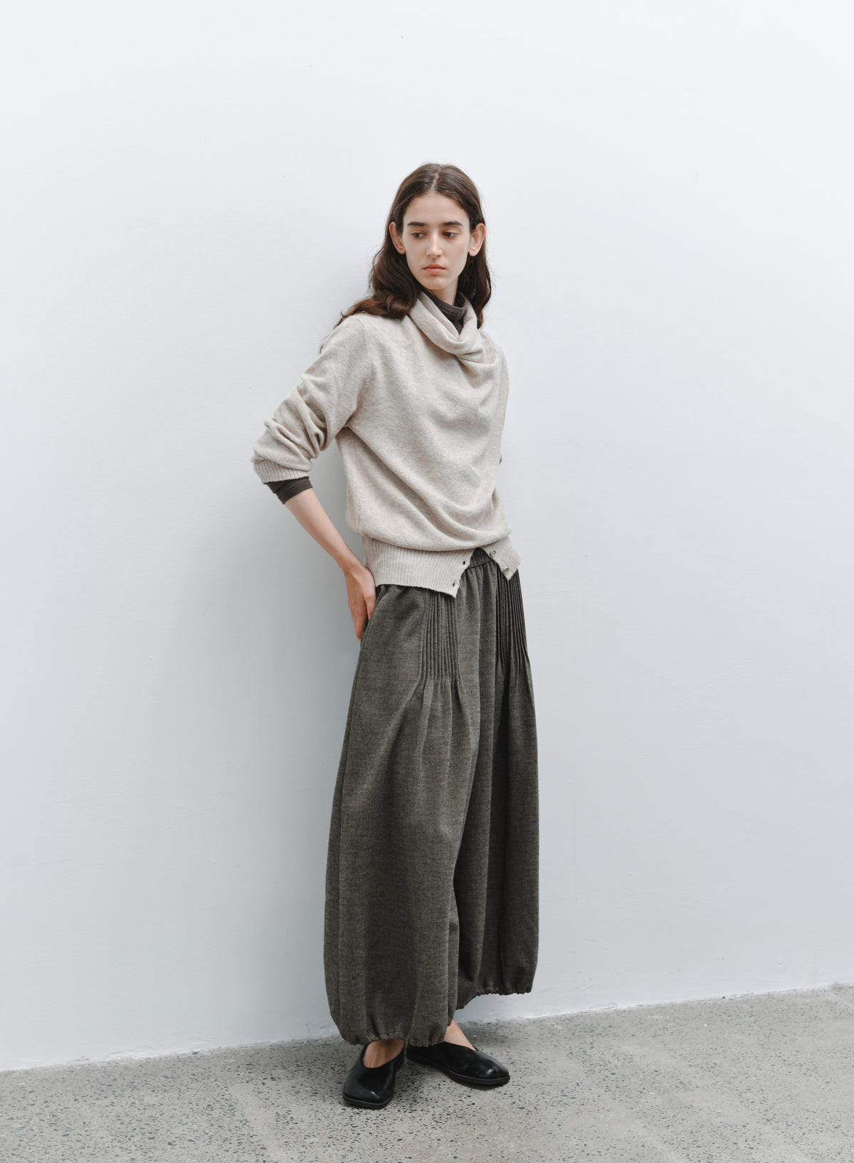 BUTTON HEM COWL SWEATER