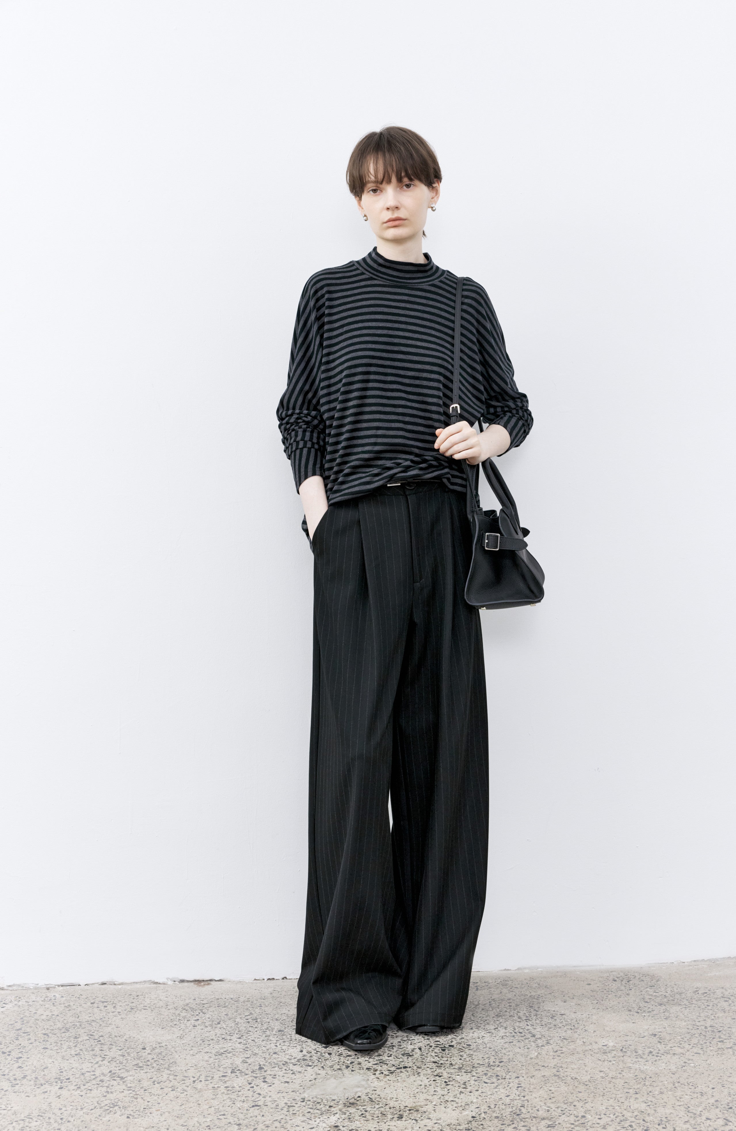 WIDE DRAPE STRIPED PANTS / ワイドドレープストライプパンツ - XS / Black