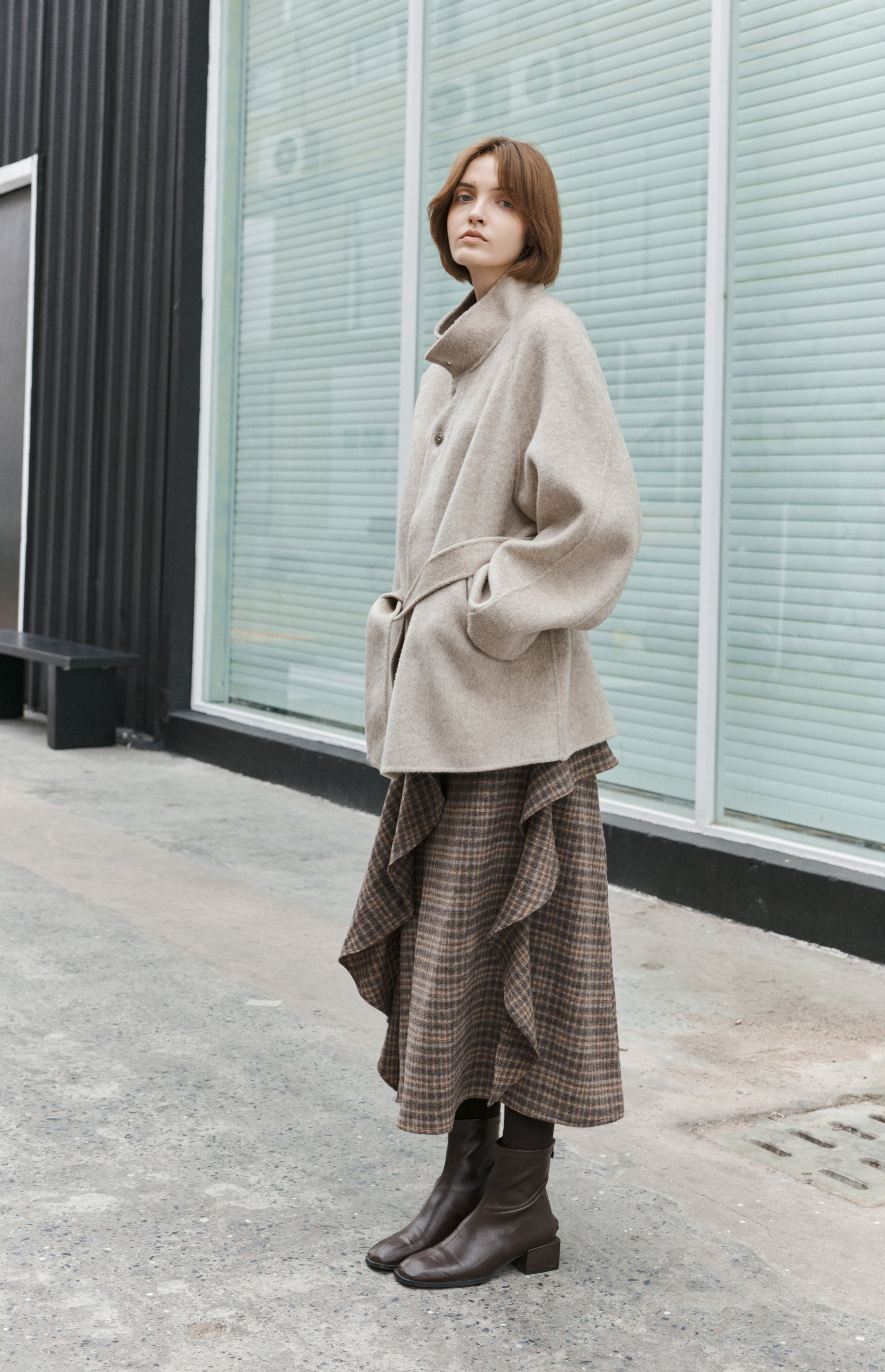 BRUSHED PLAID FRILL SKIRT / 기모 체크 프릴 스커트