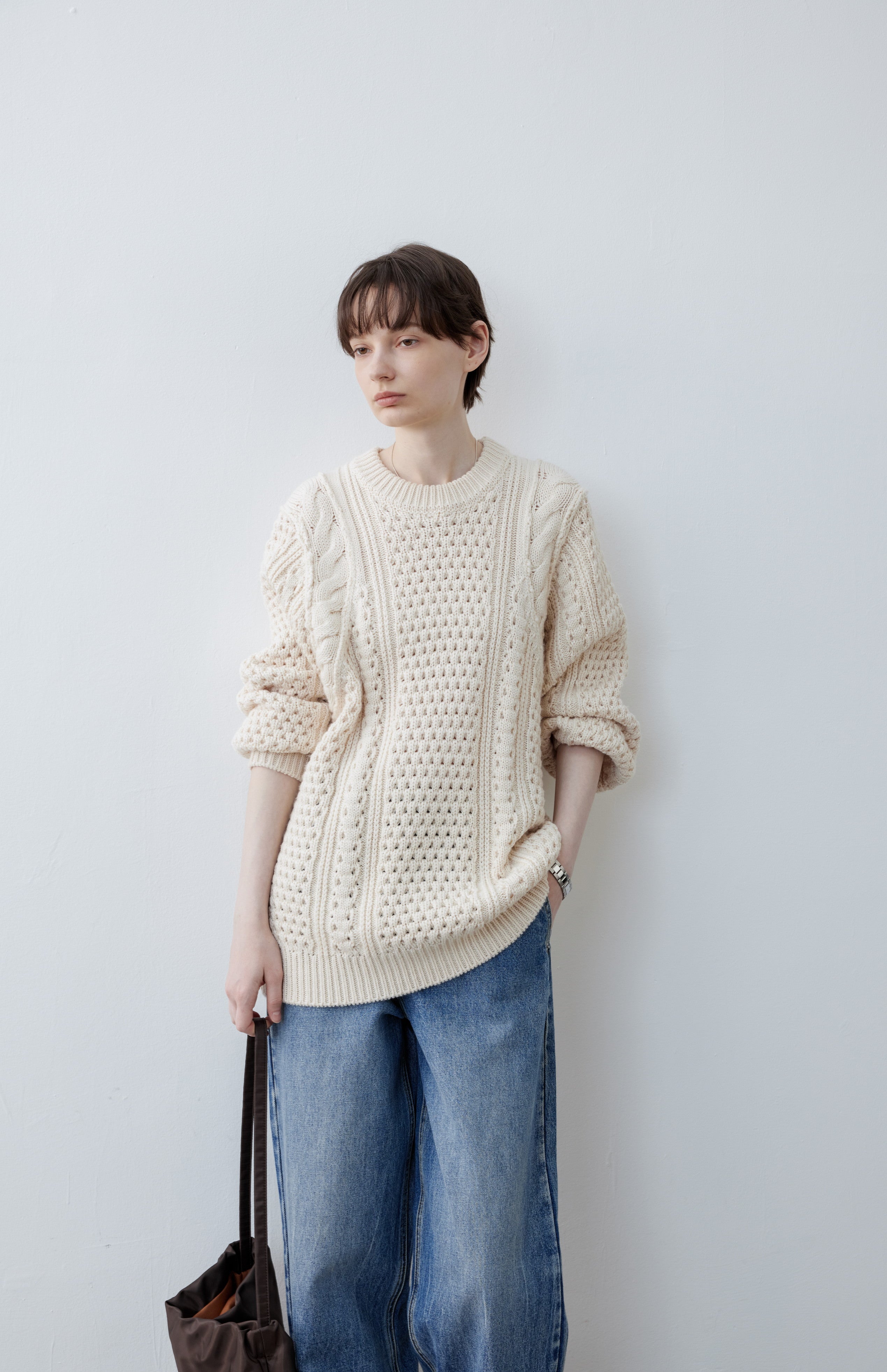 CONTRAST CABLE MIX WOOL KNIT
